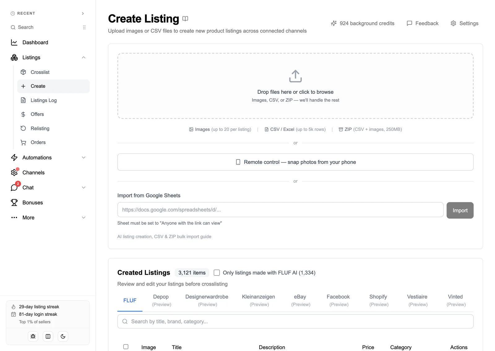 Creating listings in FLUF Connect: drop photos, a CSV or a ZIP, or import from Google Sheets, then review each channel's version before it goes live
