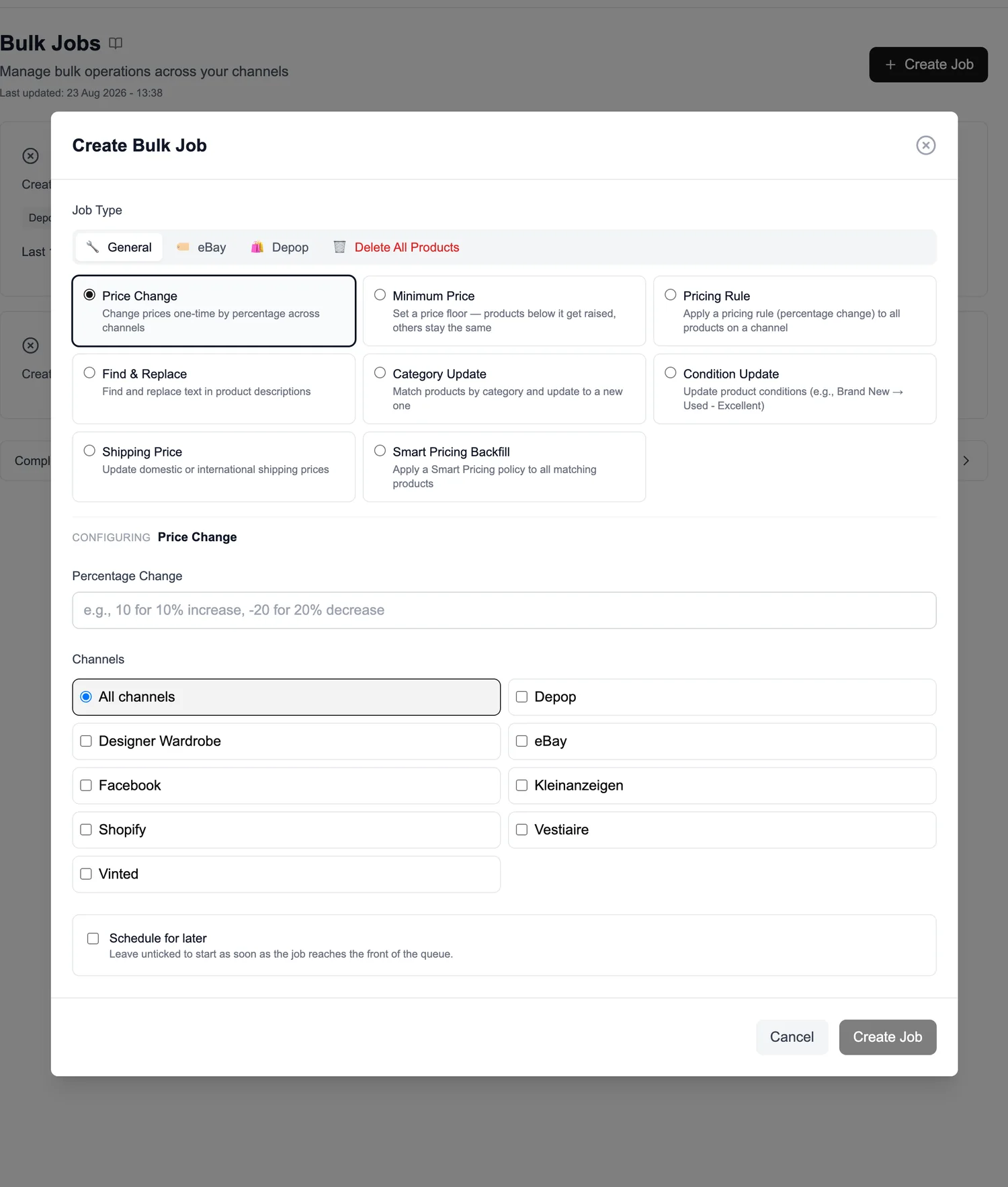 Bulk job types in FLUF Connect: price change, minimum price, pricing rule, find and replace, category update, condition update, shipping price and smart pricing backfill