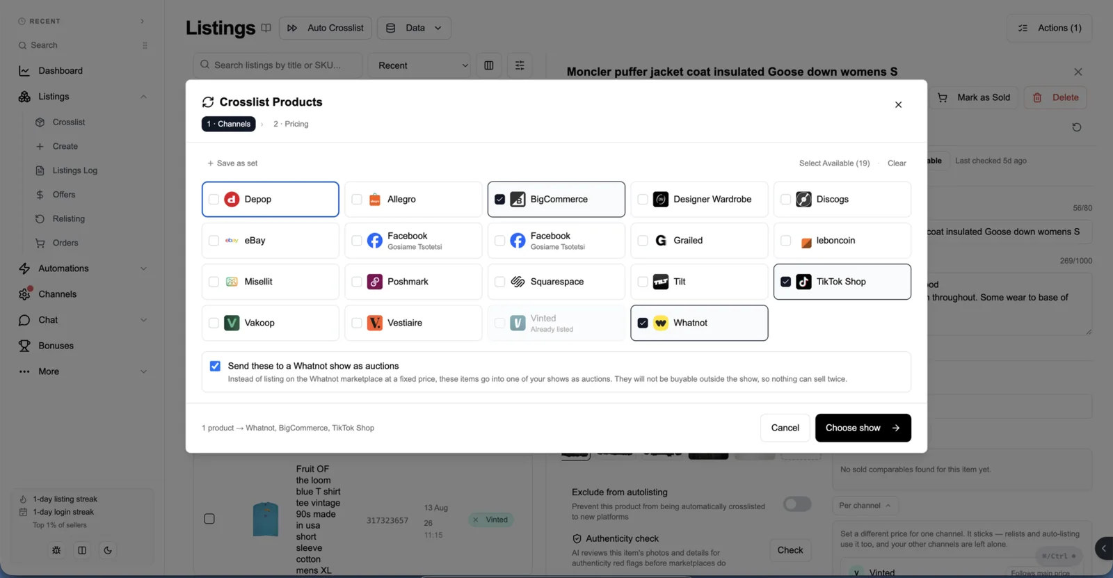Choosing marketplaces in FLUF Connect: a channel picker listing every connected shop, ready to publish one product to several at once
