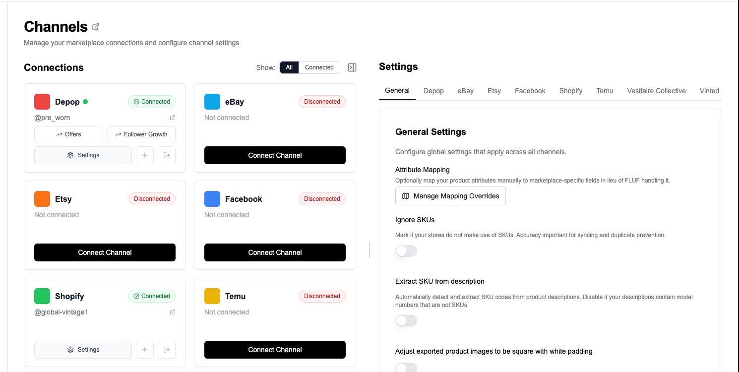 FLUF Connect channels page showing Vestiaire Collective, Depop, eBay, Vinted, and Shopify connected