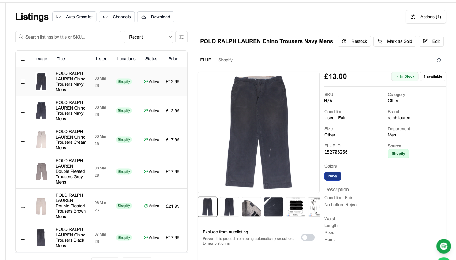 FLUF Connect Listings page with product images, prices, and crosslisting status across marketplaces