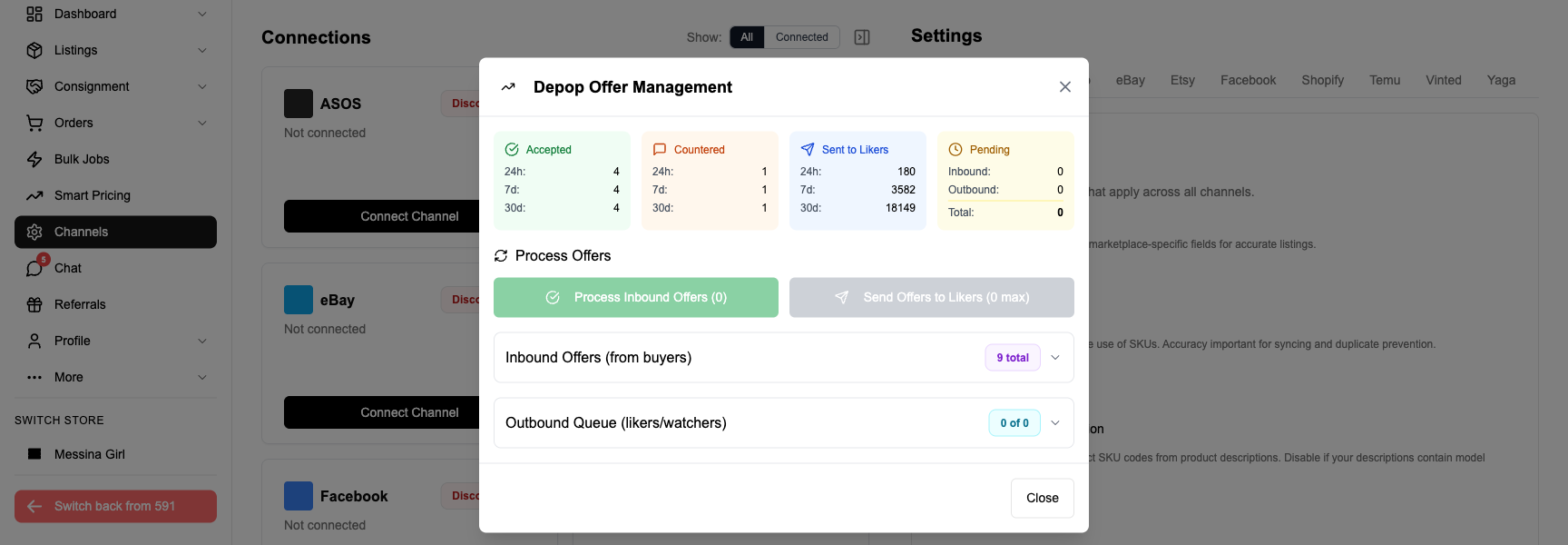 FLUF Connect Offer Management showing automatic offer sending and tracking on Depop