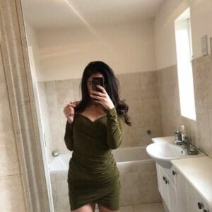 Khaki Green Ruched Long Sleeve Bardot Bodycon Mini Dress • Size 8 • £25 • P&P