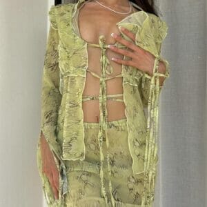 Green snakeskin print mesh frill ruffle two piece boho long sleeve top & maxi skirt beach