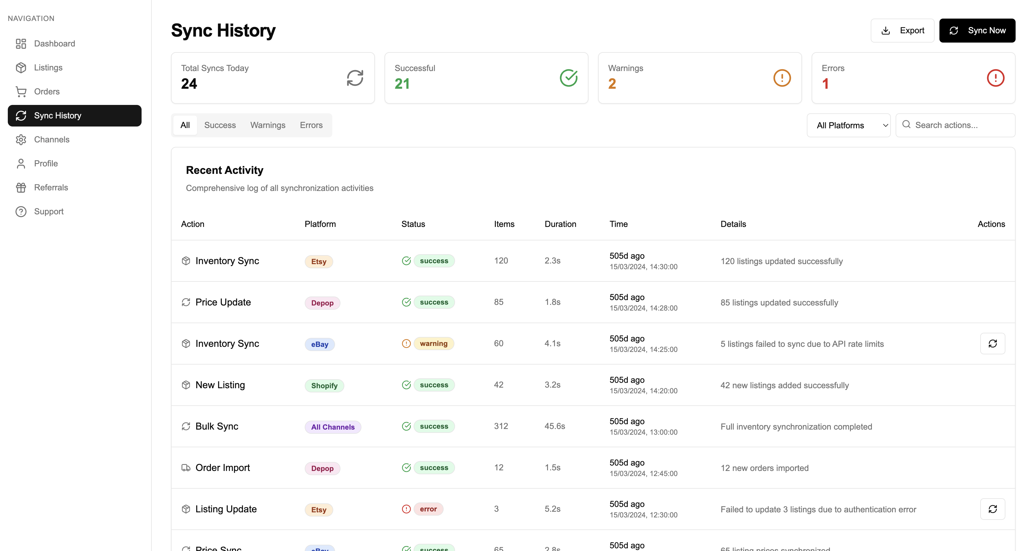 Inventory sync dashboard