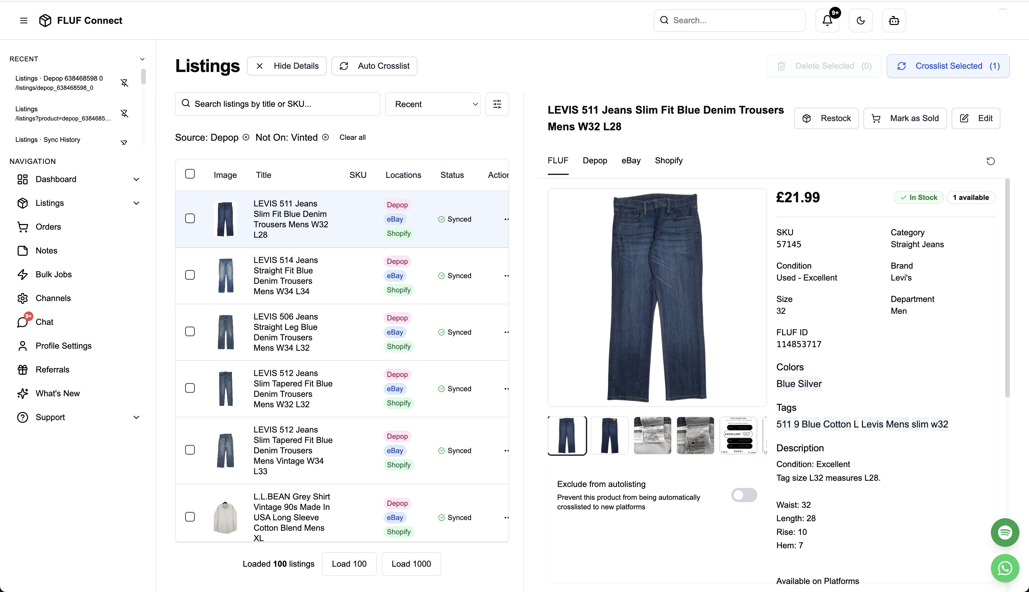 FLUF Connect multi-marketplace crosslisting dashboard