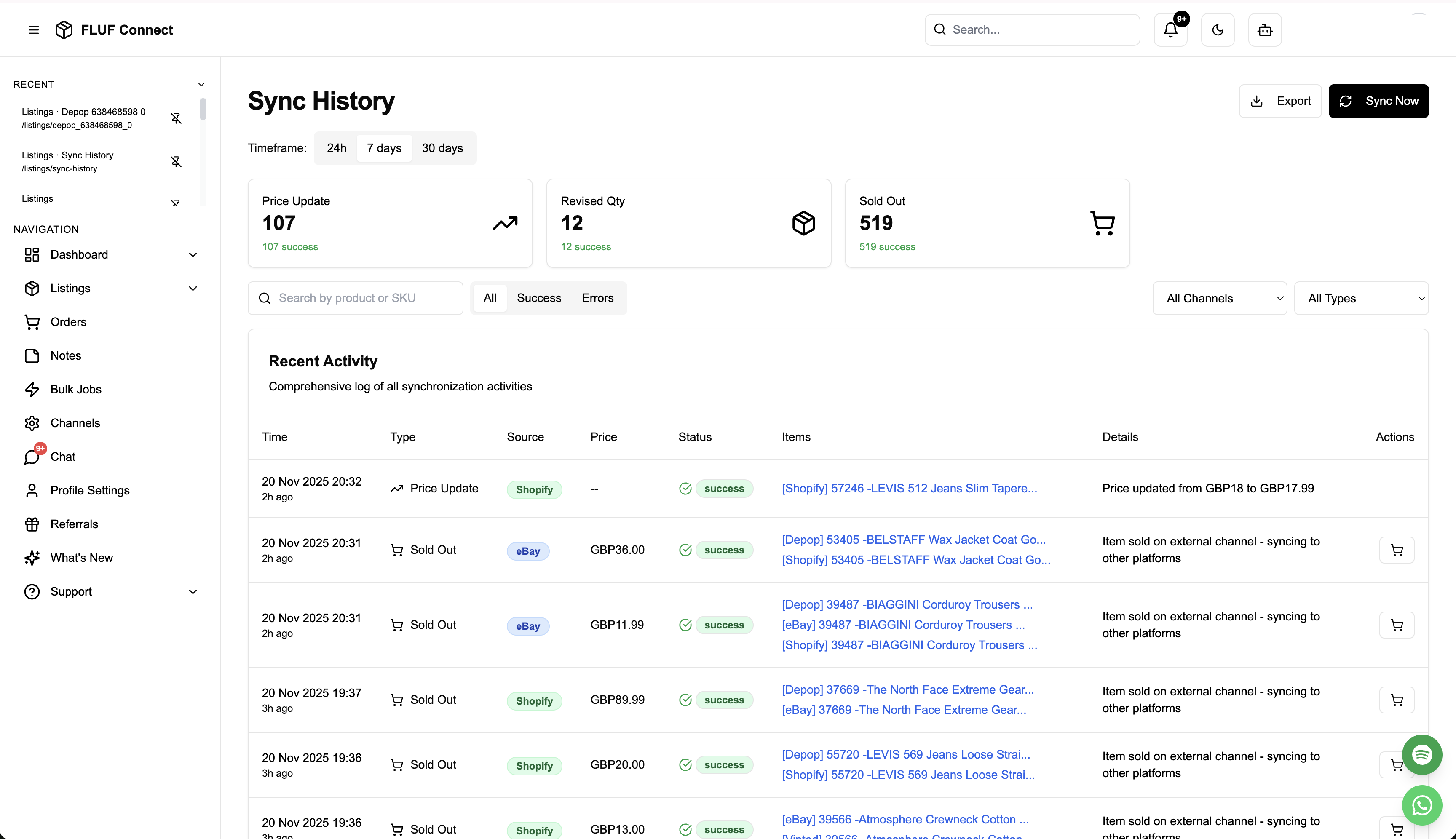 FLUF Connect automatic inventory sync and delisting history