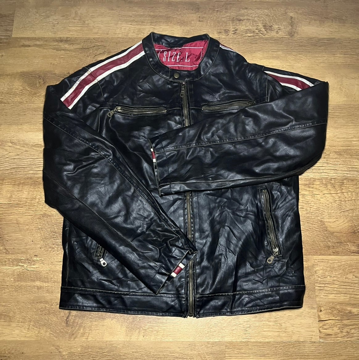 Men's Black Leather Jacket with Red Stripes