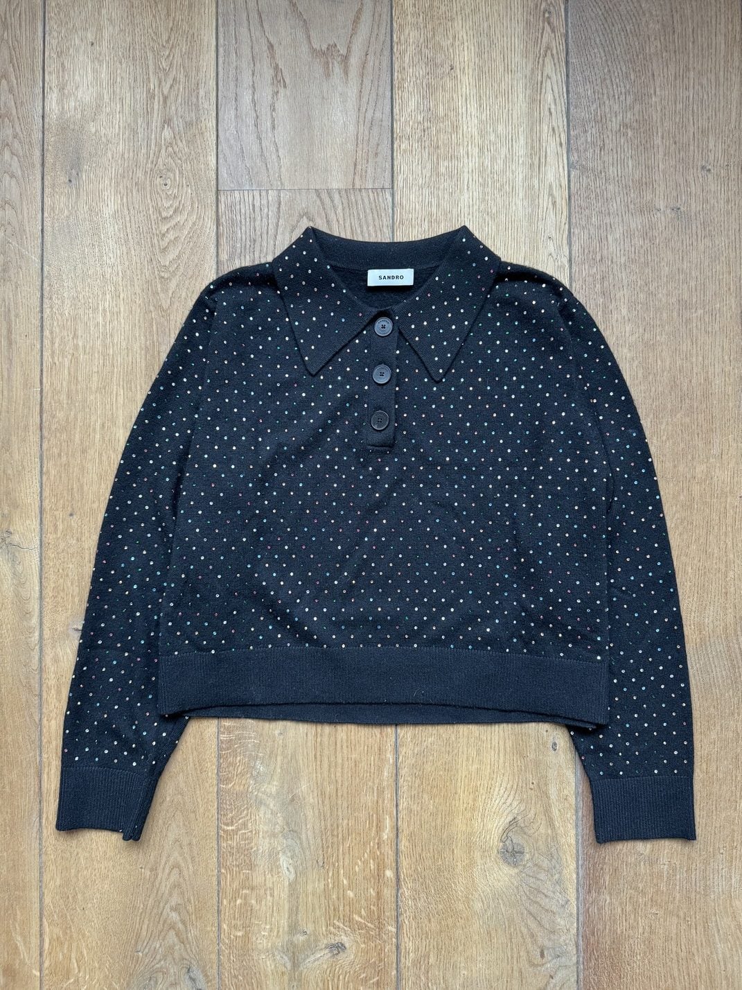 Sandro Cropped Polka Dot Knit Sweater Black Size M
