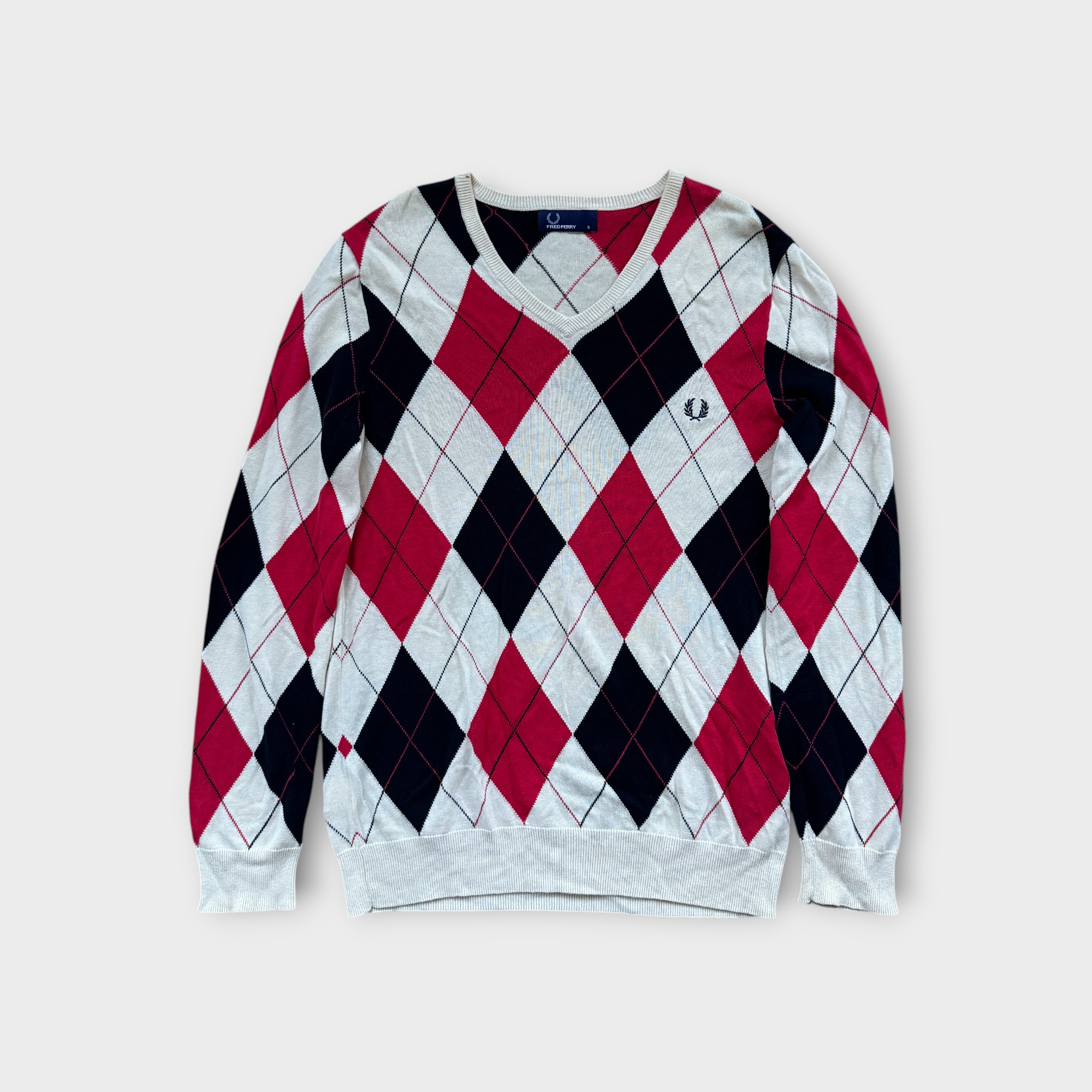 Vintage Fred Perry Harlequin Knit V-Neck Sweater