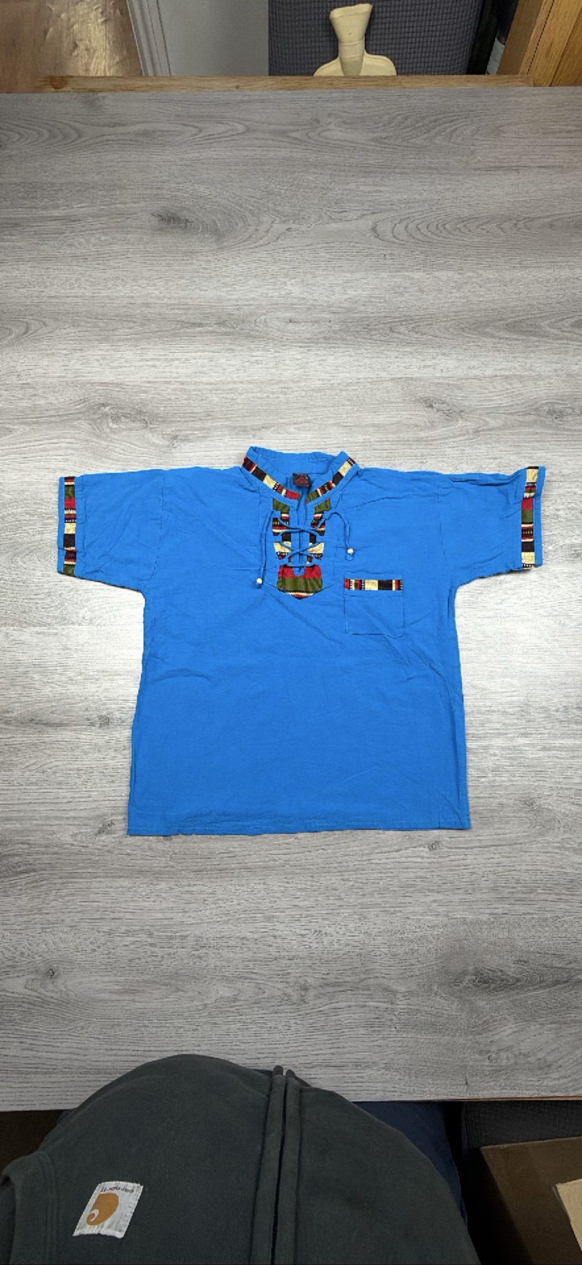Tikeal Blue Embroidered Neck and Sleeve Detail Shirt age roughly 8/10 year