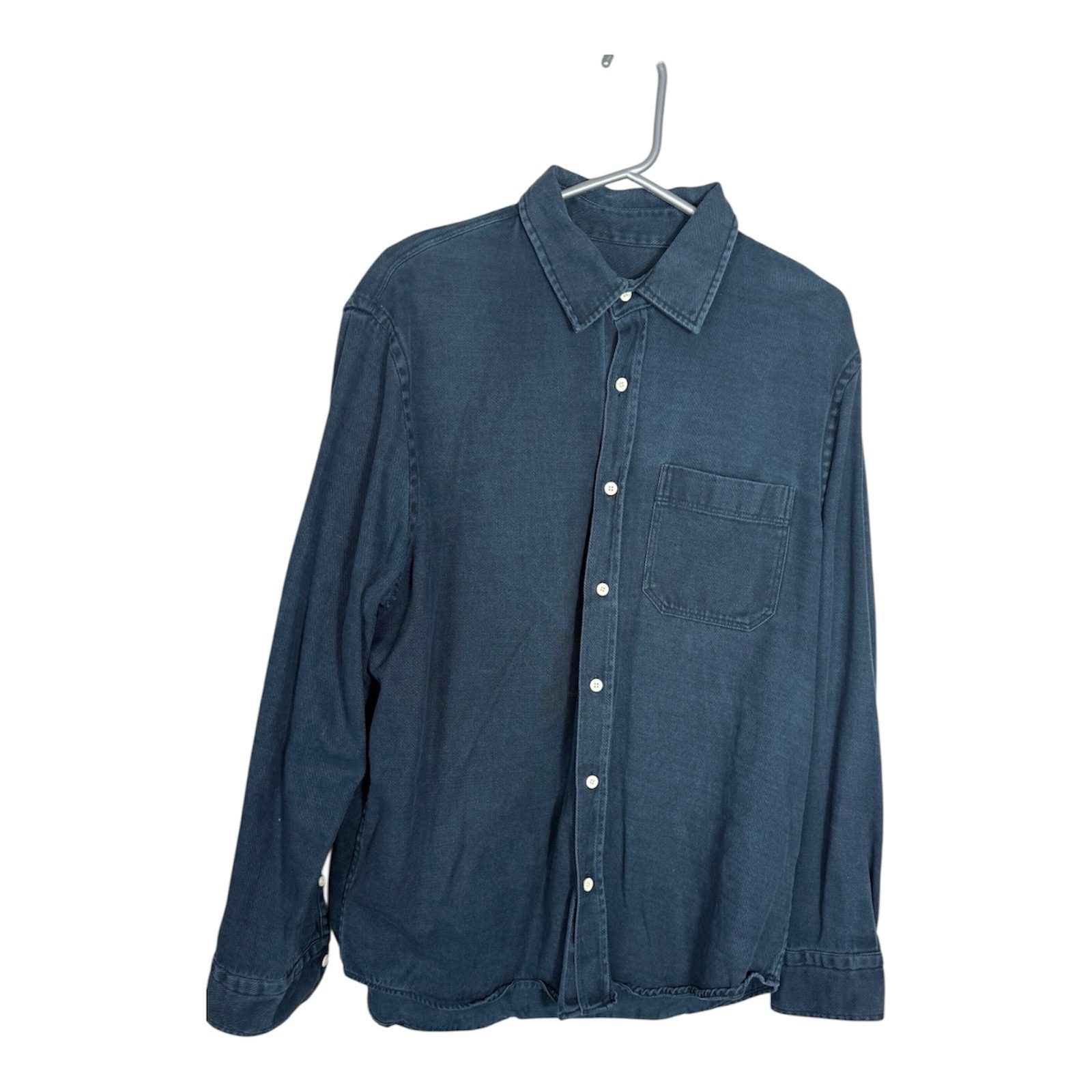 Zara Mens L Navy Denim Shirt Long Sleeve Button Up Chest Pocket Made in Turkey