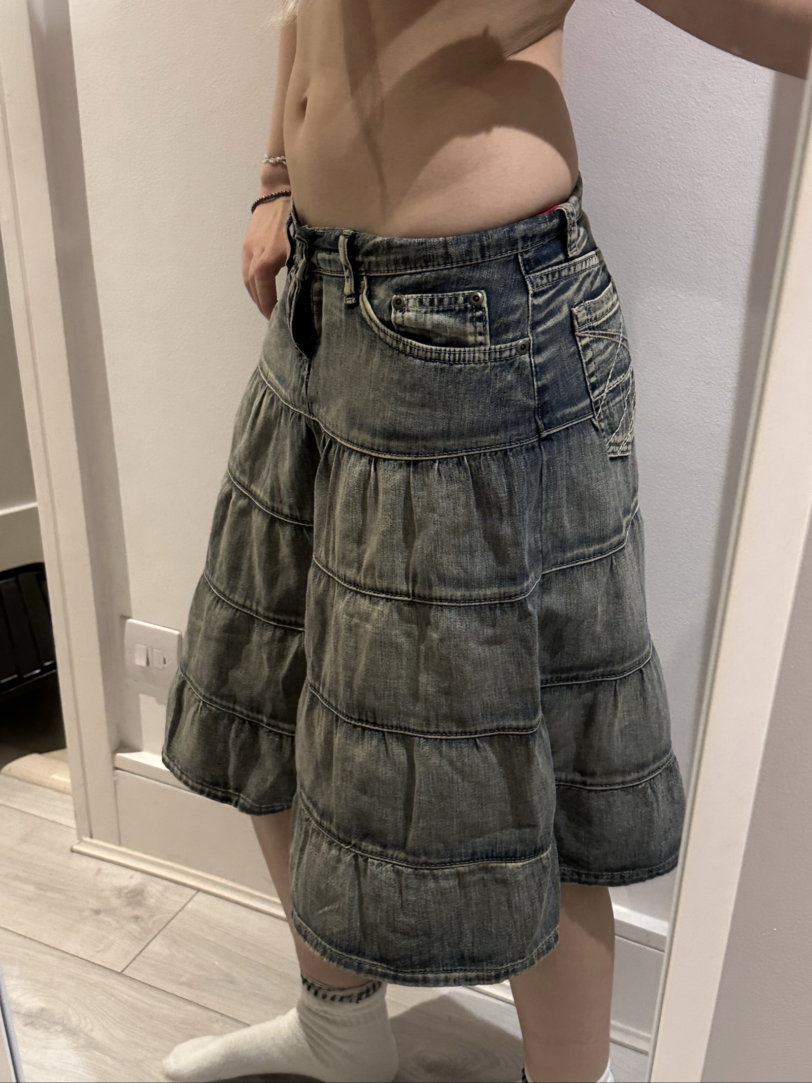 Vintage Denim Skirt Size 12 Blue Washed Tiered Midi Skirt