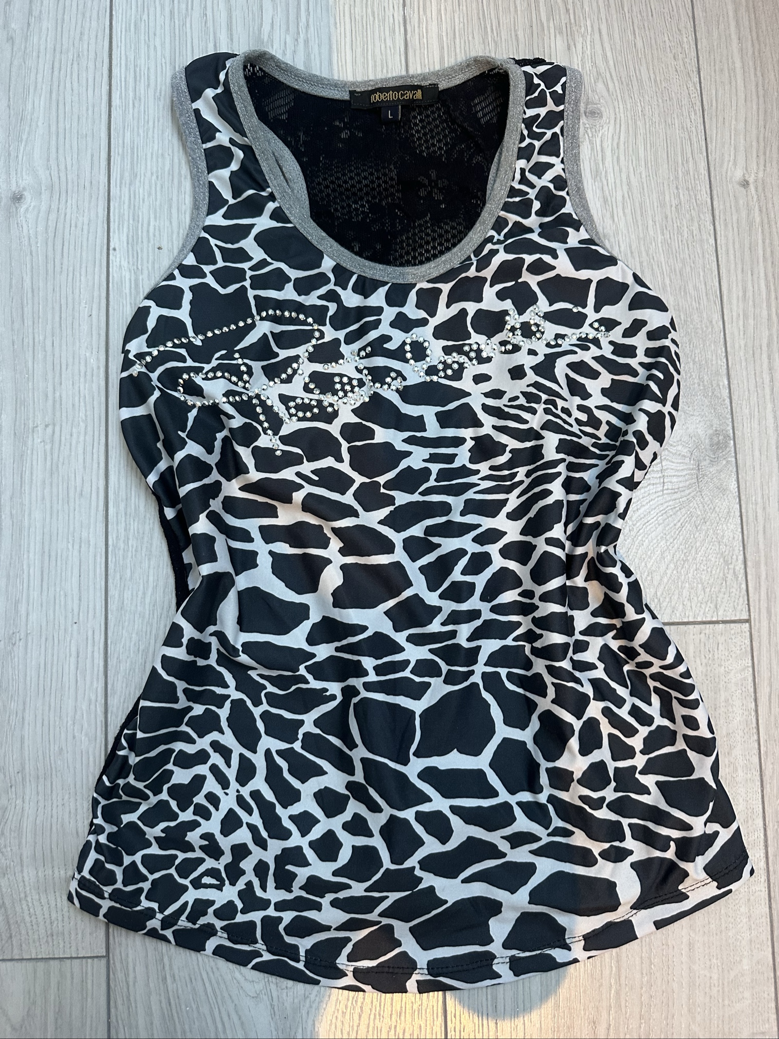 Roberto Cavalli Women's L Black White Animal Print Embellished Tank Top