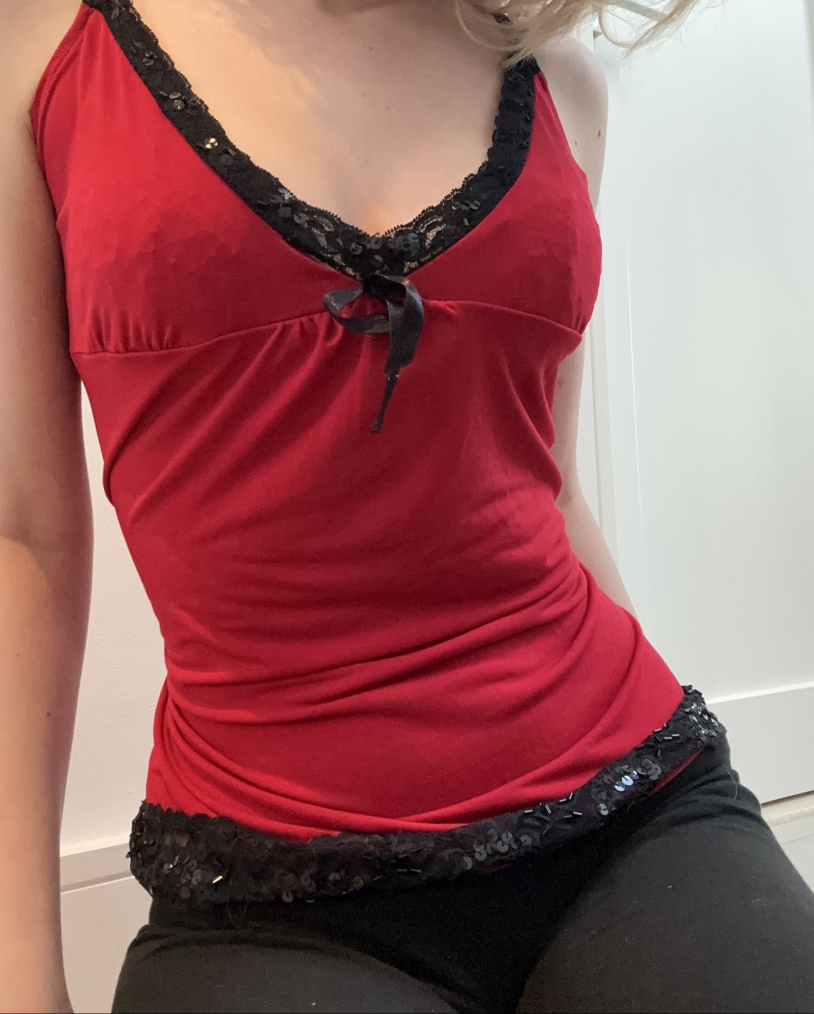 Red Women's Camisole Top with Black Lace Trim Size M
