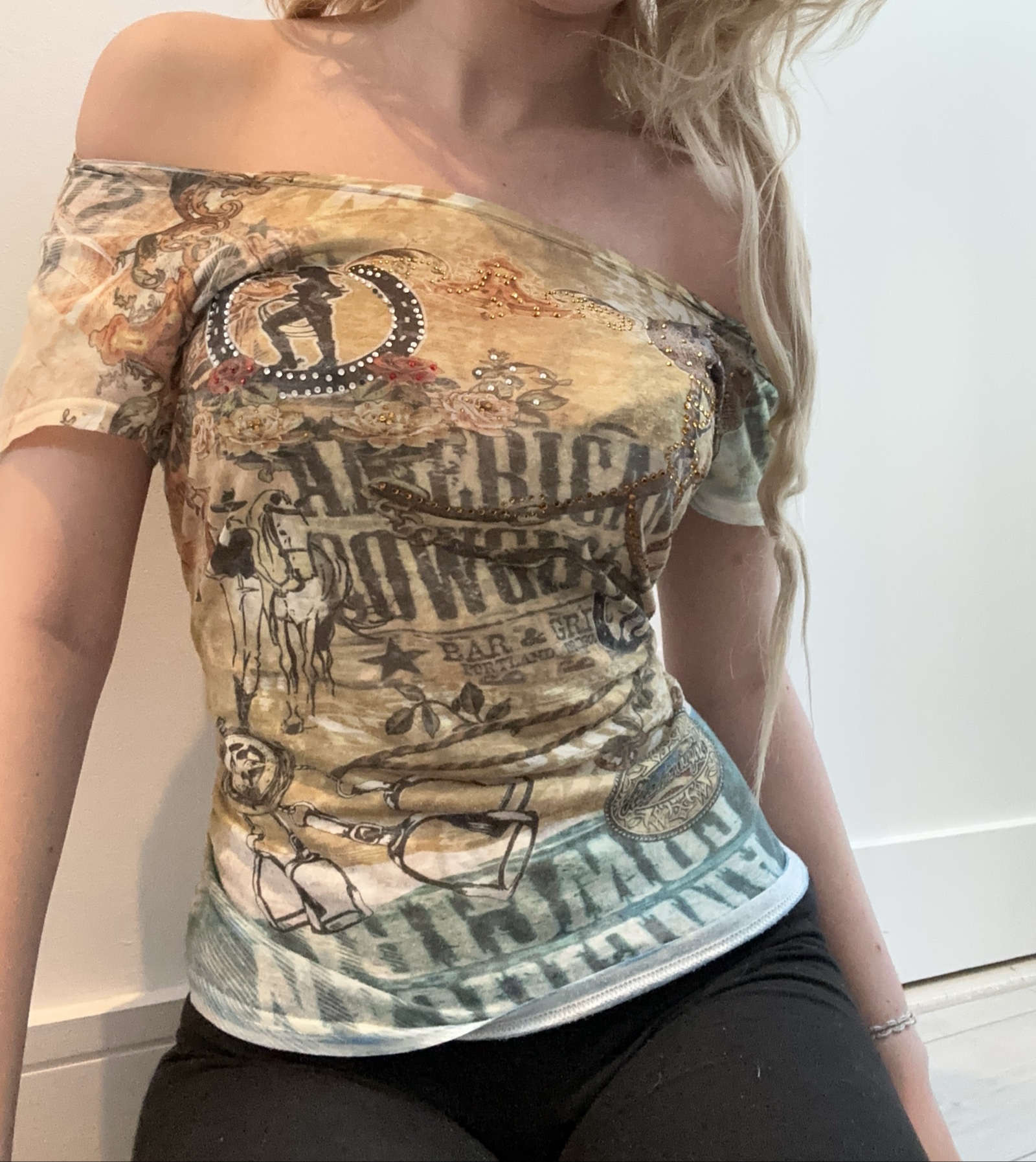 Western Off-Shoulder Women's Top S Cowboy Print Beaded
