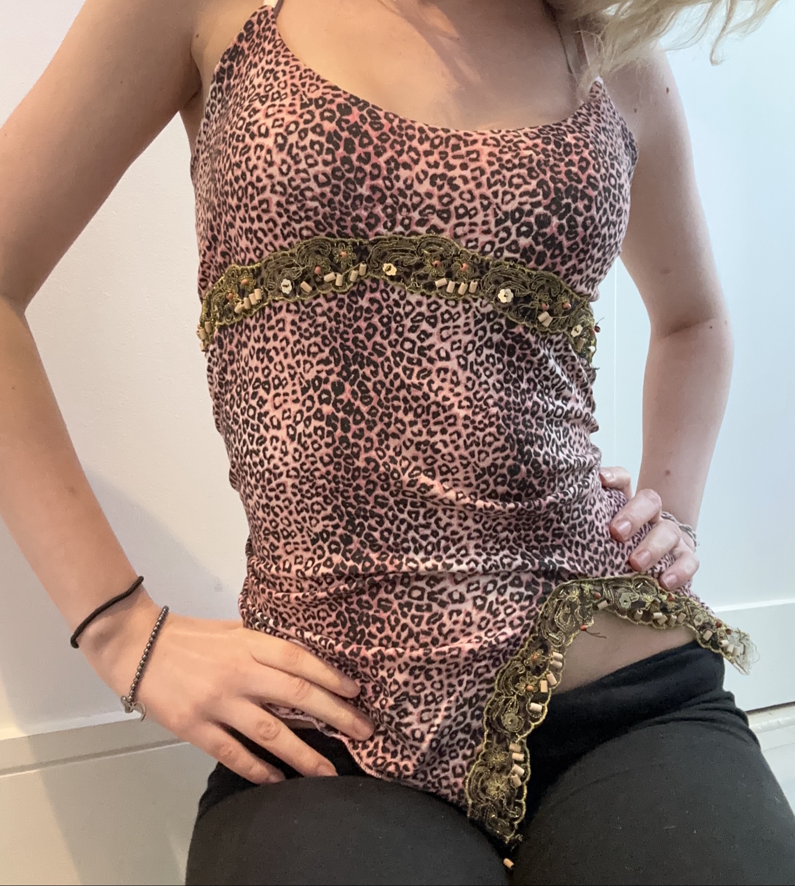 Leopard Print pink Strappy Top with Embellished Gold Lace Detail, S