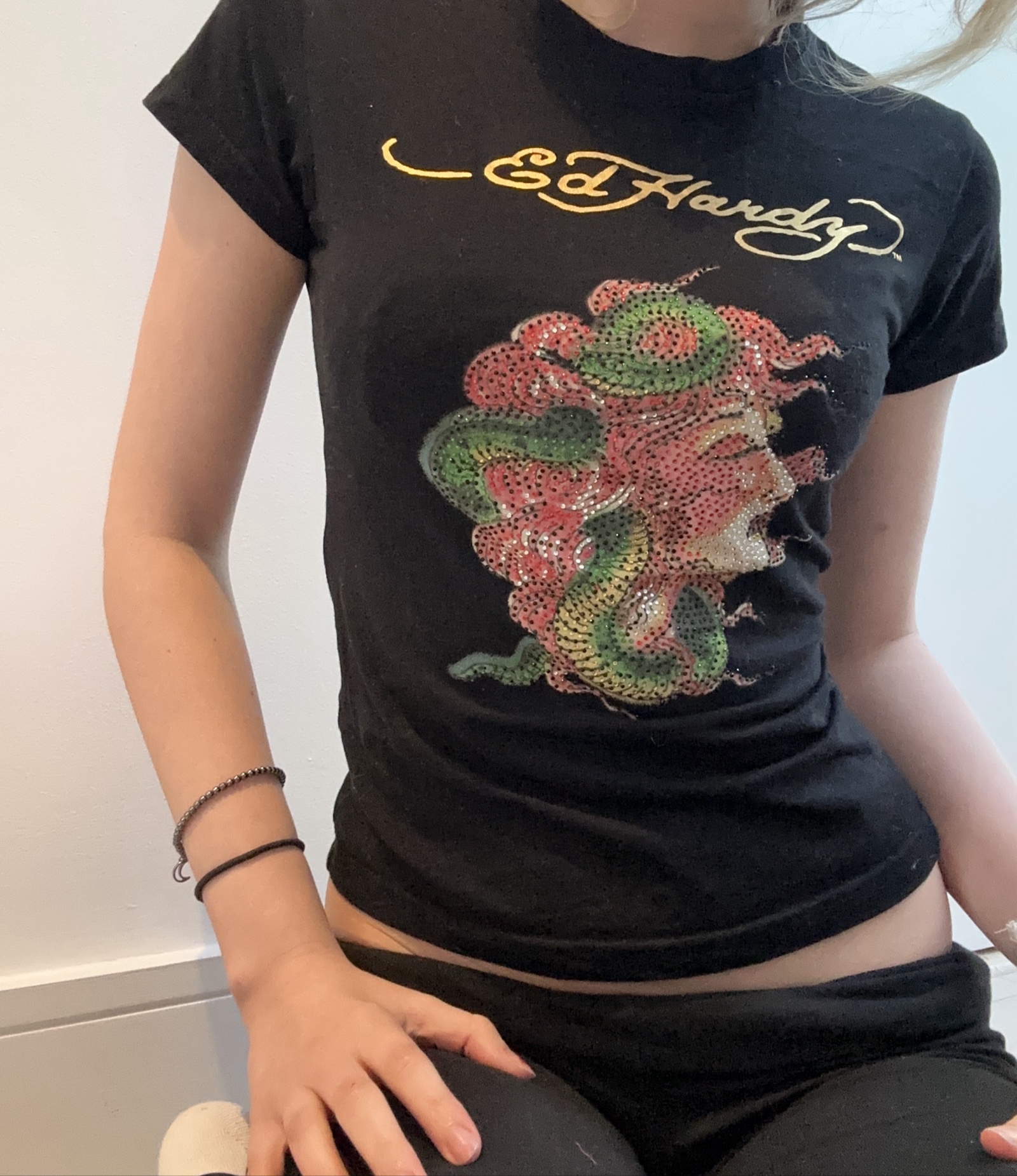 Ed Hardy Black Graphic T-Shirt Size S Rhinestone Embellished