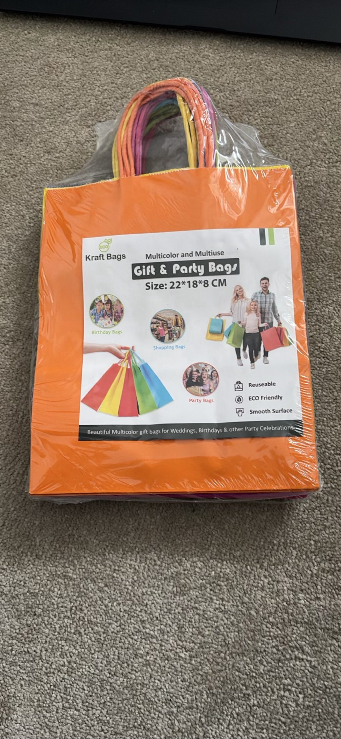 Multicolor Kraft Gift & Party Bags 22x18x8cm Eco Friendly Reusable Bag 14 pack, 3 of each colour