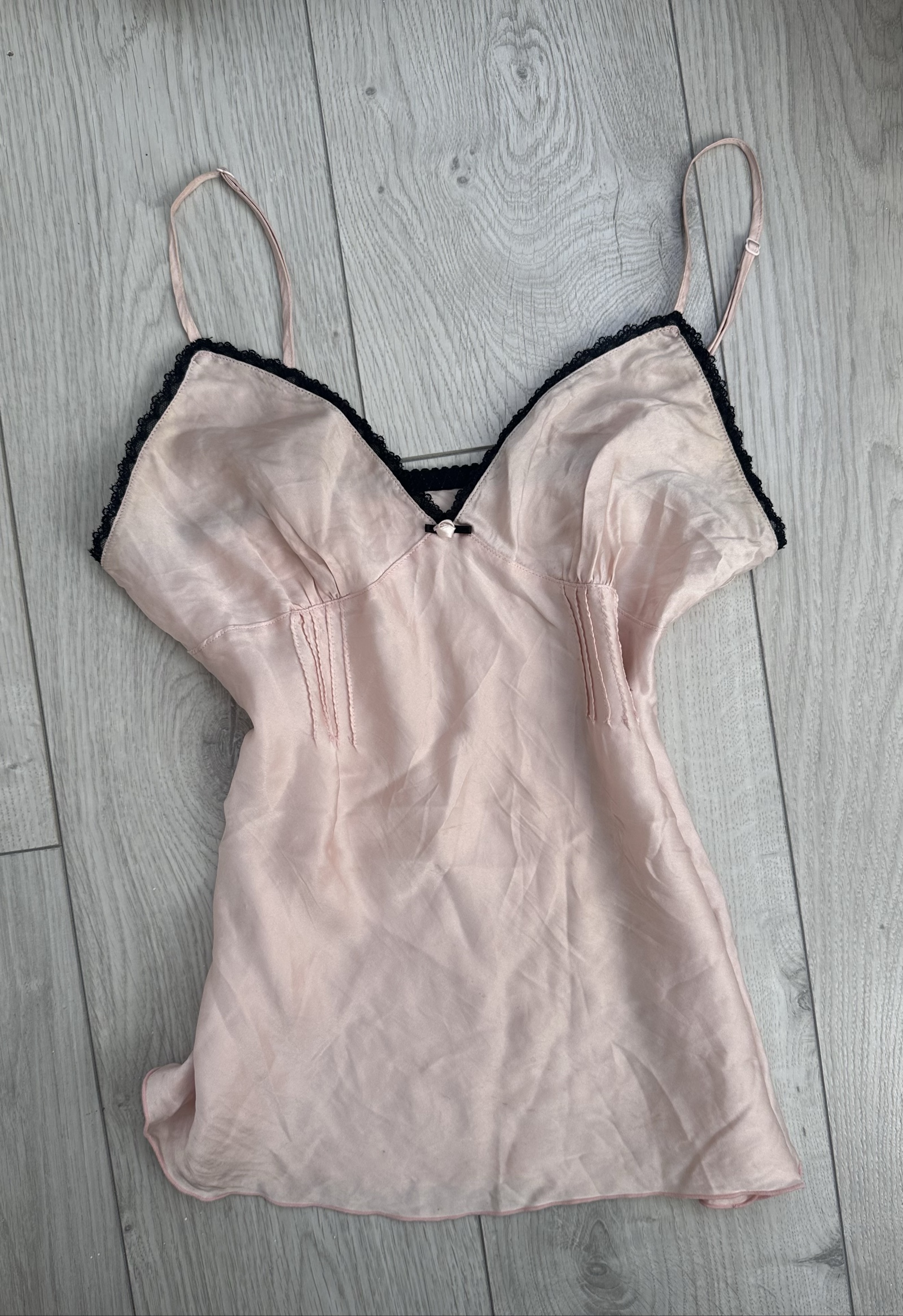 Vintage Pale Pink Silk Camisole Top with Black Lace Trim UK Size S