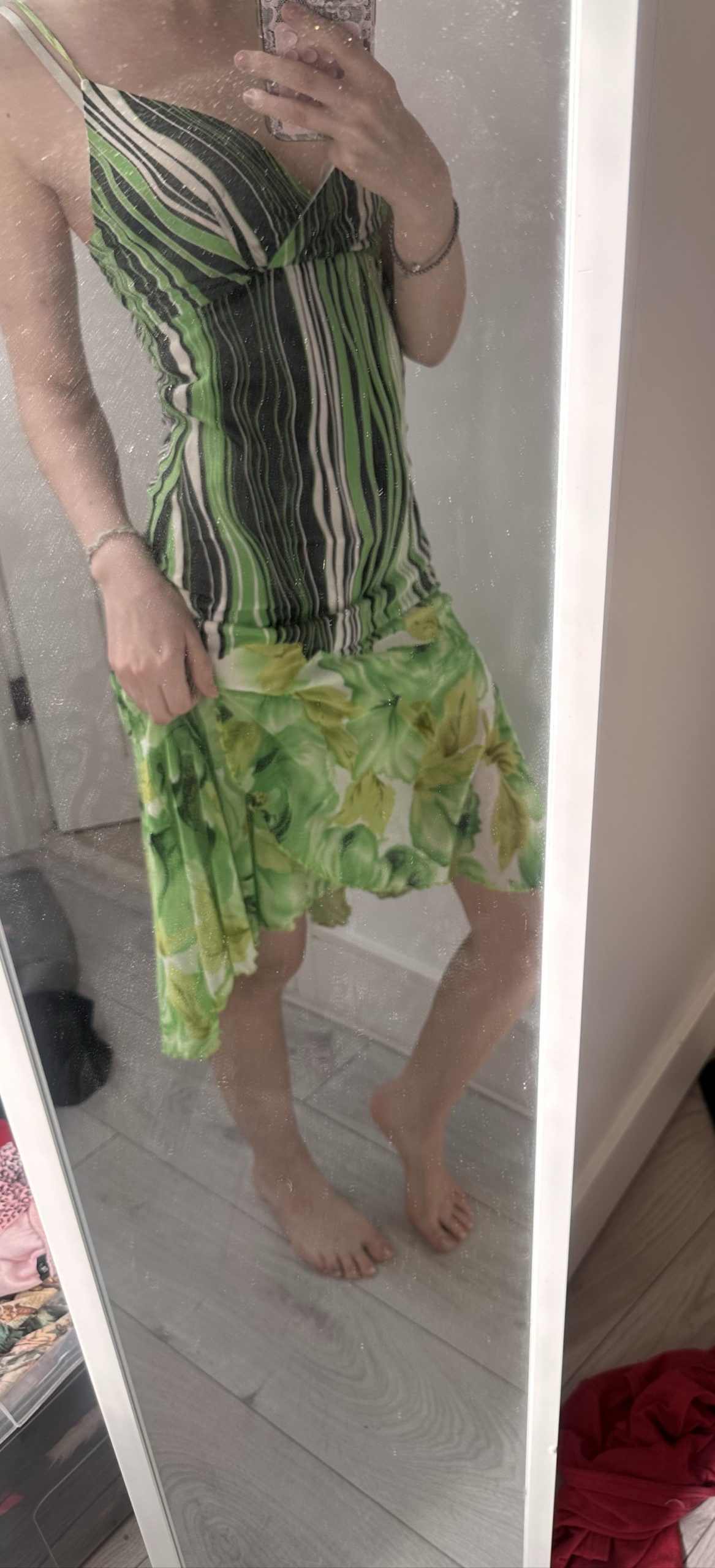 Vintage Green Striped Floral Midi Dress UK 8