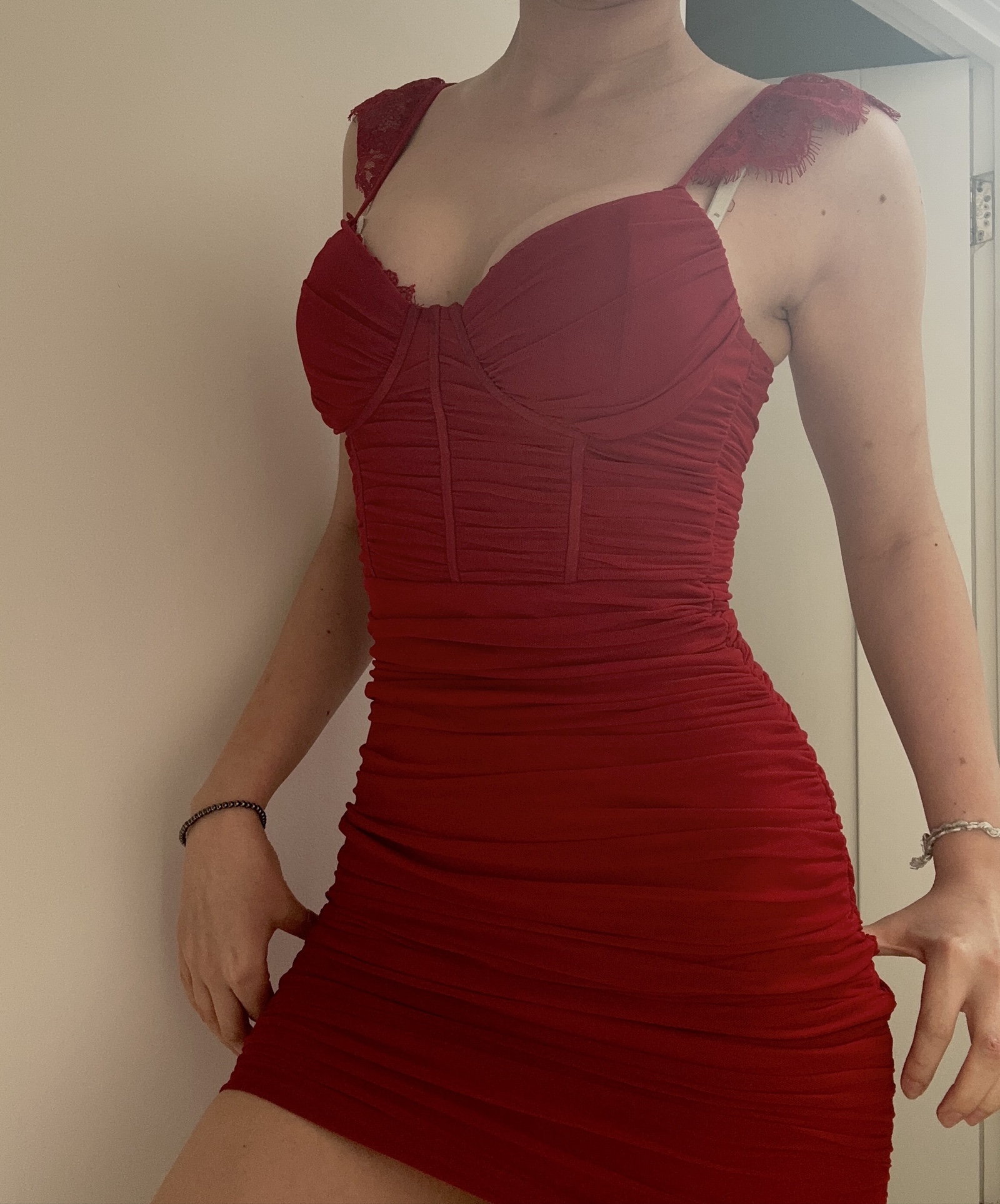 Red Ruched Mini Dress with Lace Strap Detail