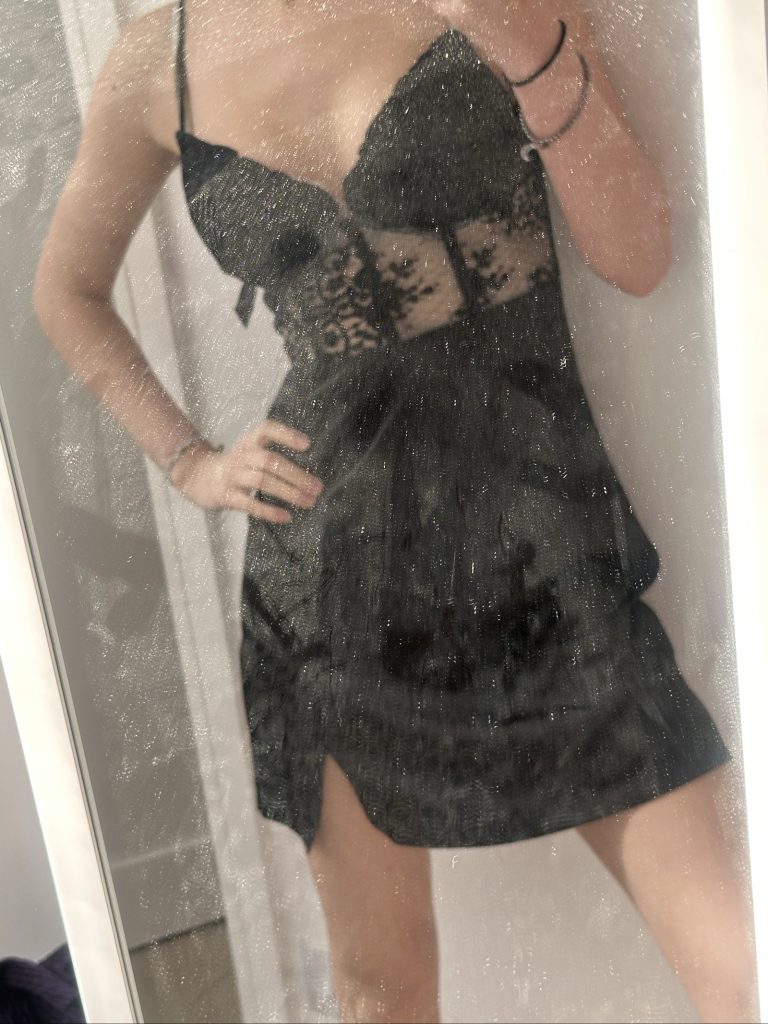 Black Lace Trim Satin Slip Dress UK xs with Sheer Panel