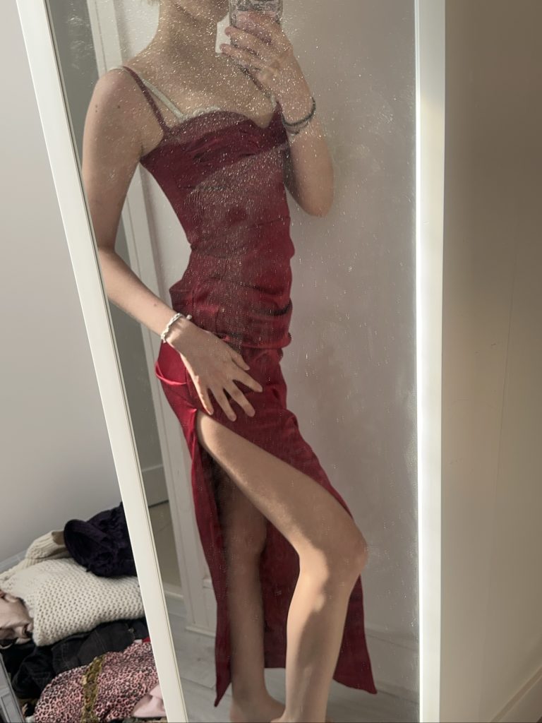 Women's Red Satin Maxi Dress Side Slit Spaghetti Straps UK s