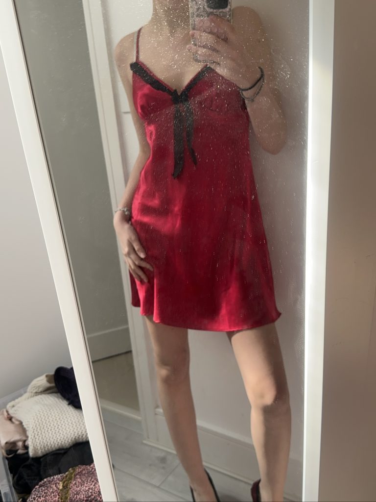 Red Satin Slip Dress with Black Lace Trim, Size S