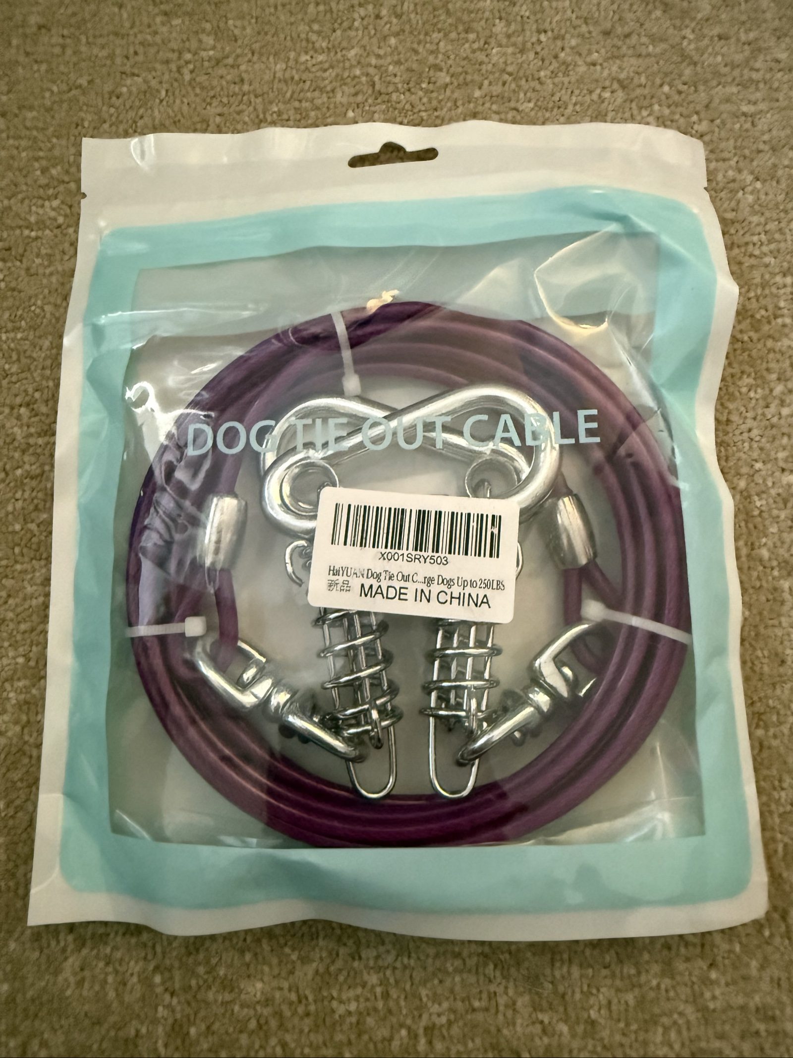 Dog Tie Out Cable with Spring Clips Purple