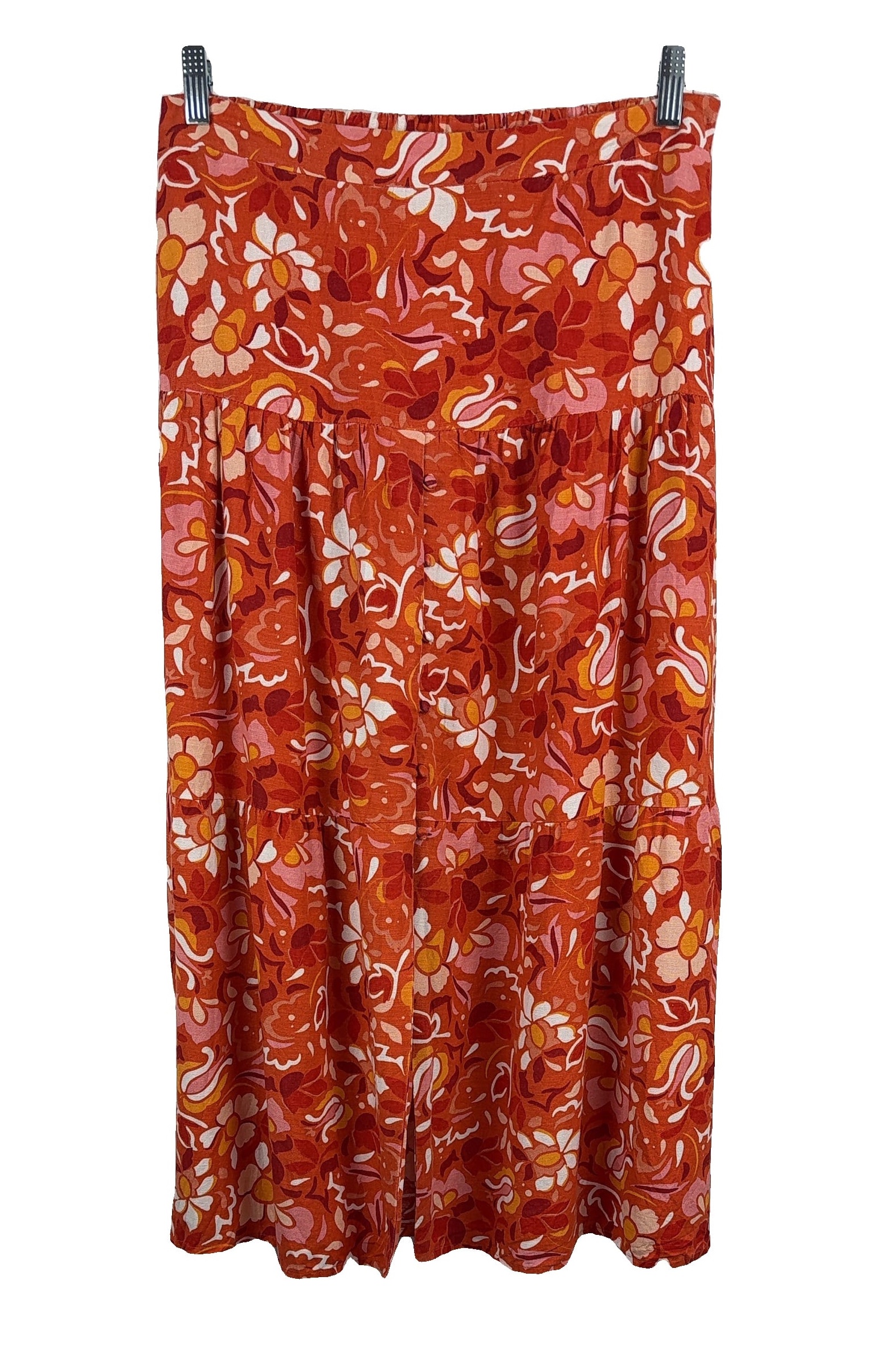 Orange Floral Print Midi Skirt Size 14 Cotton Blend