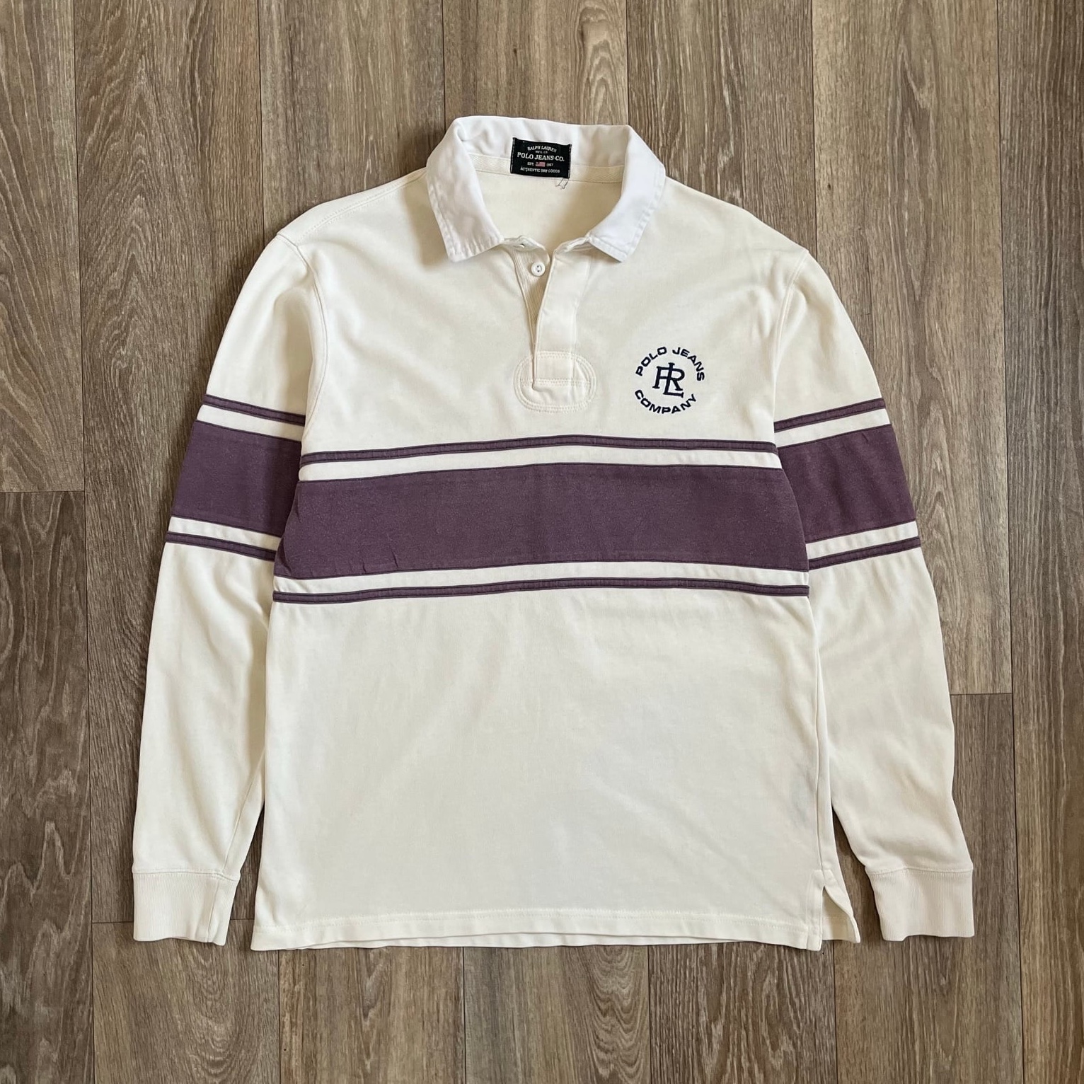 Vintage Polo Ralph Lauren White & Purple Stripe Rugby Shirt Mens Large 90s Preppy Streetwear