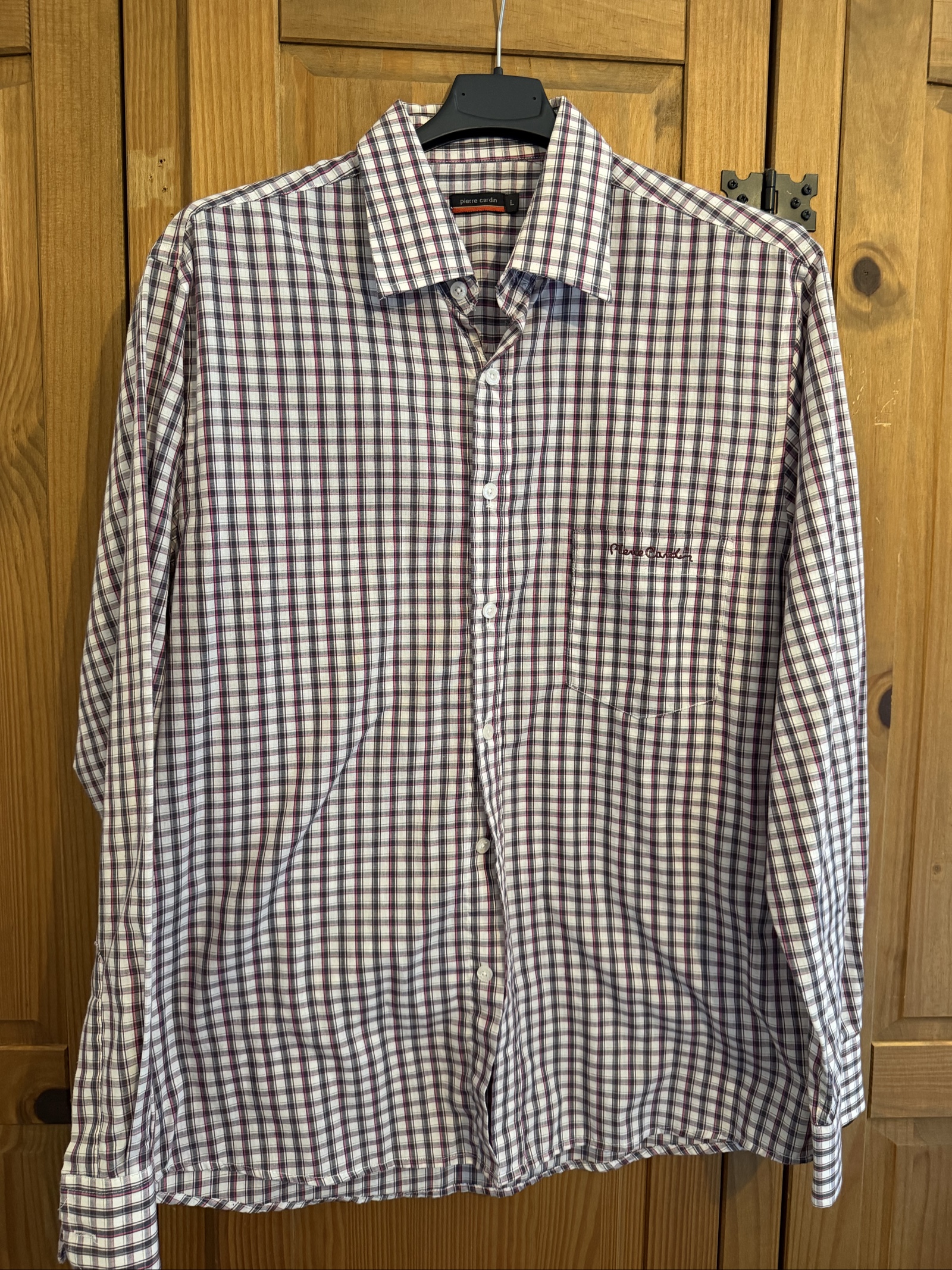 Pierre Cardin Men's L Checked Long Sleeve Shirt White Burgundy