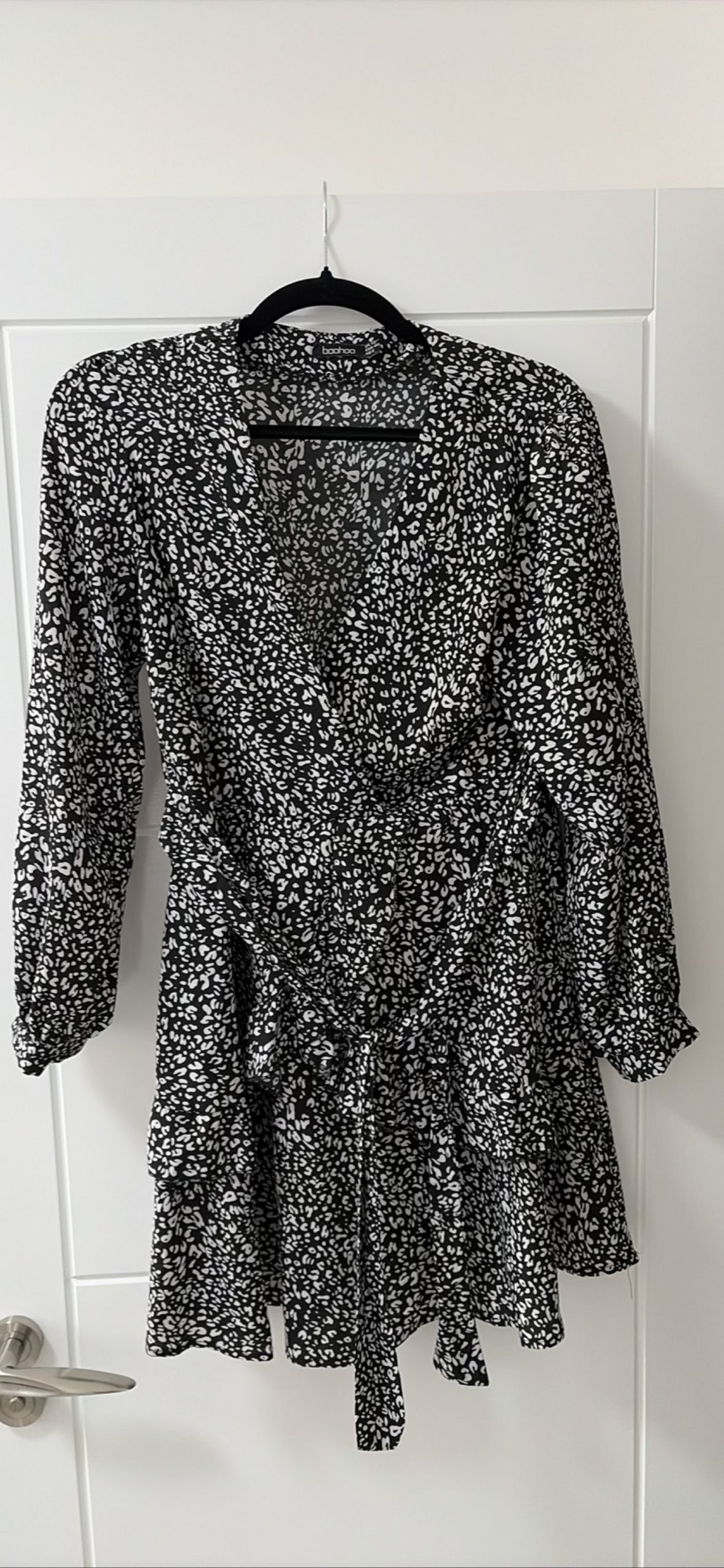 Boohoo Wrap Dress Black White Print Size UK 12 Long Sleeve