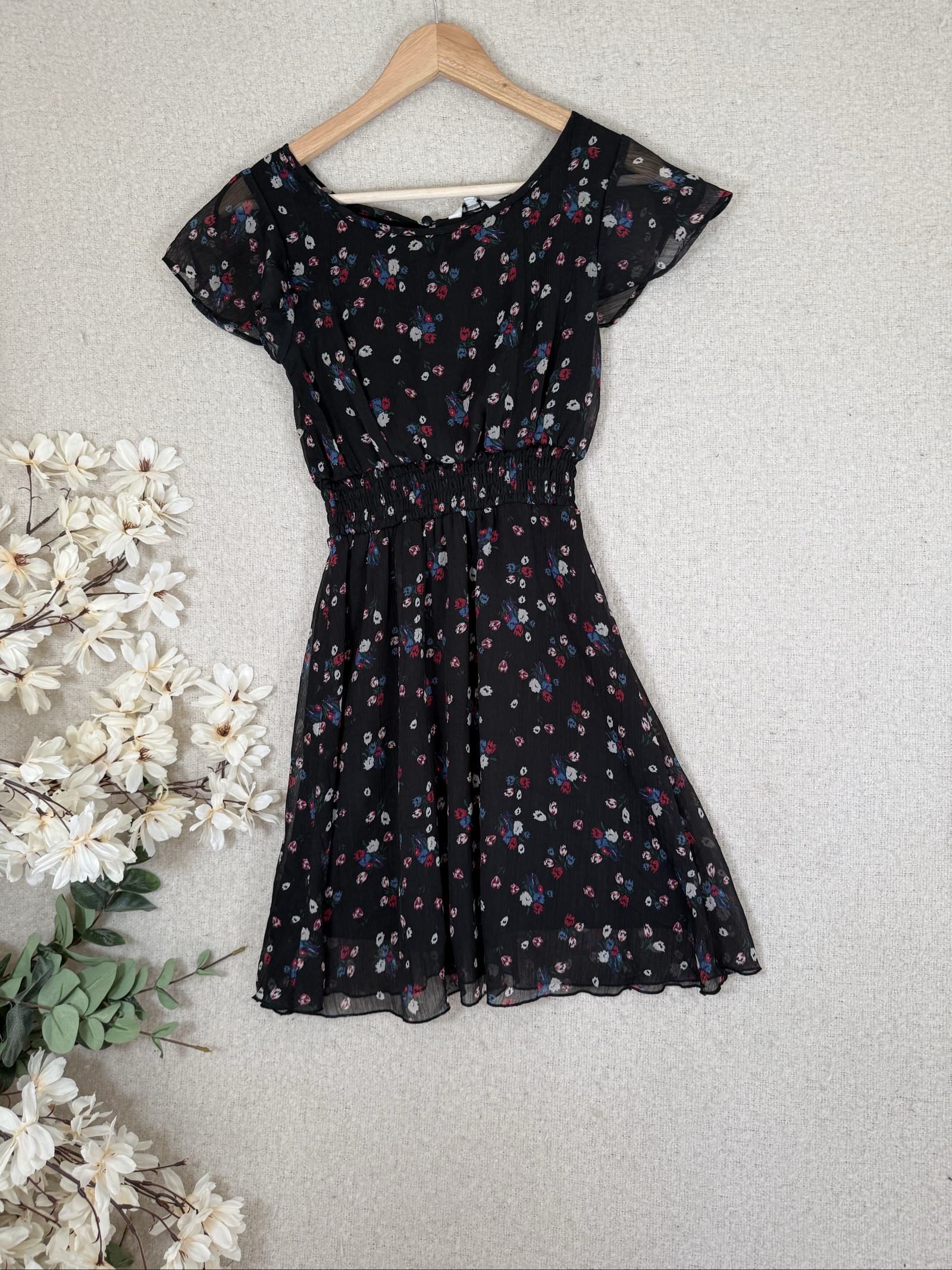 New Look Black Floral Print UK 8 Mini Dress Sheer Sleeve