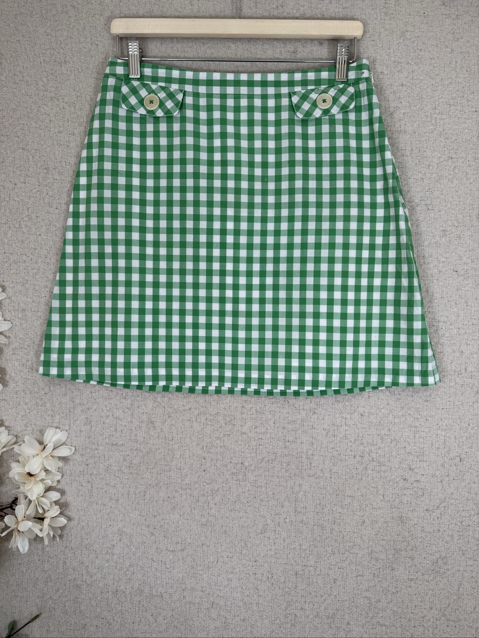 Boden Green White Checked Cotton Mini Skirt UK 12R