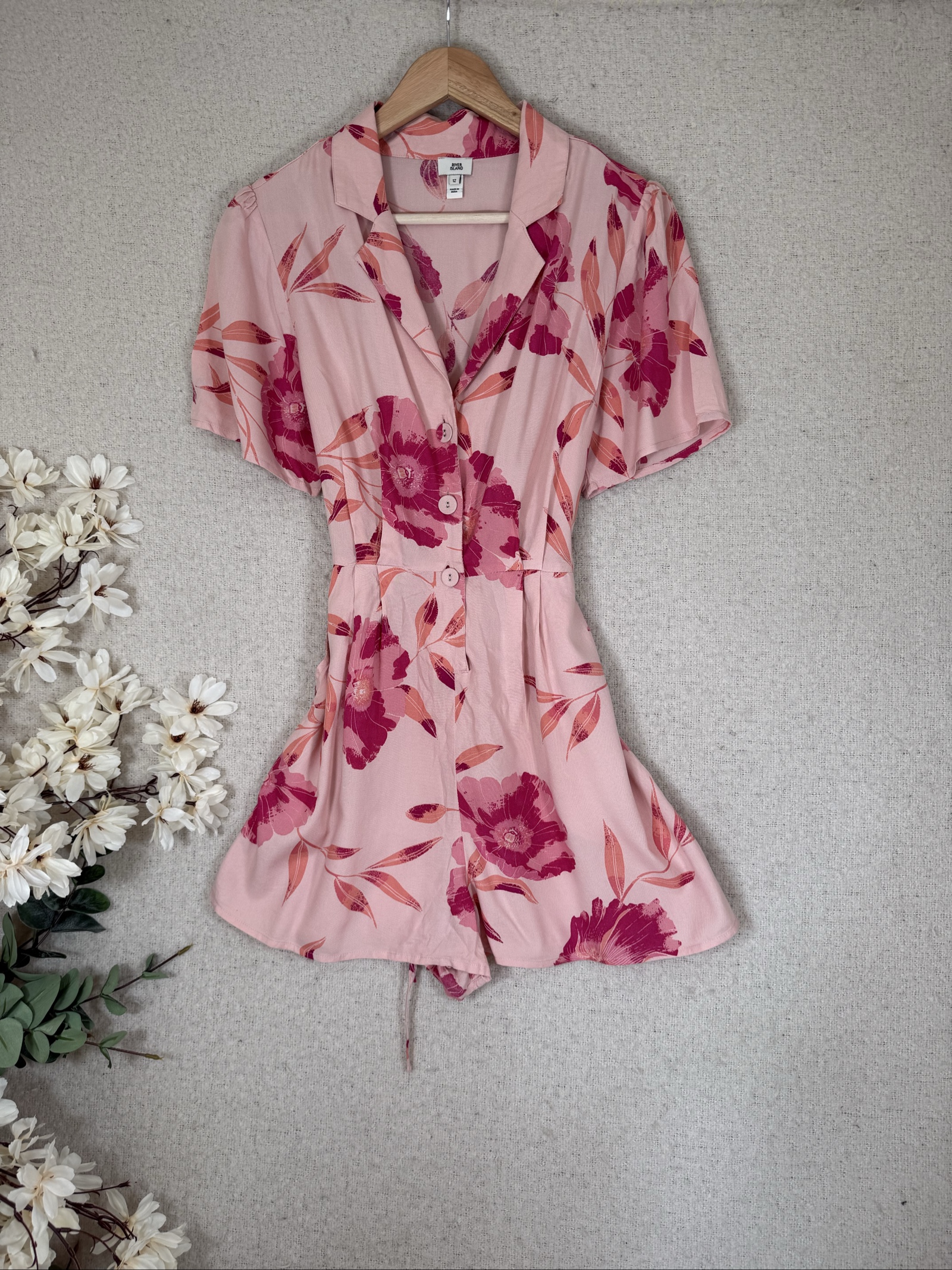 River Island Pink Floral Viscose Playsuit UK 12