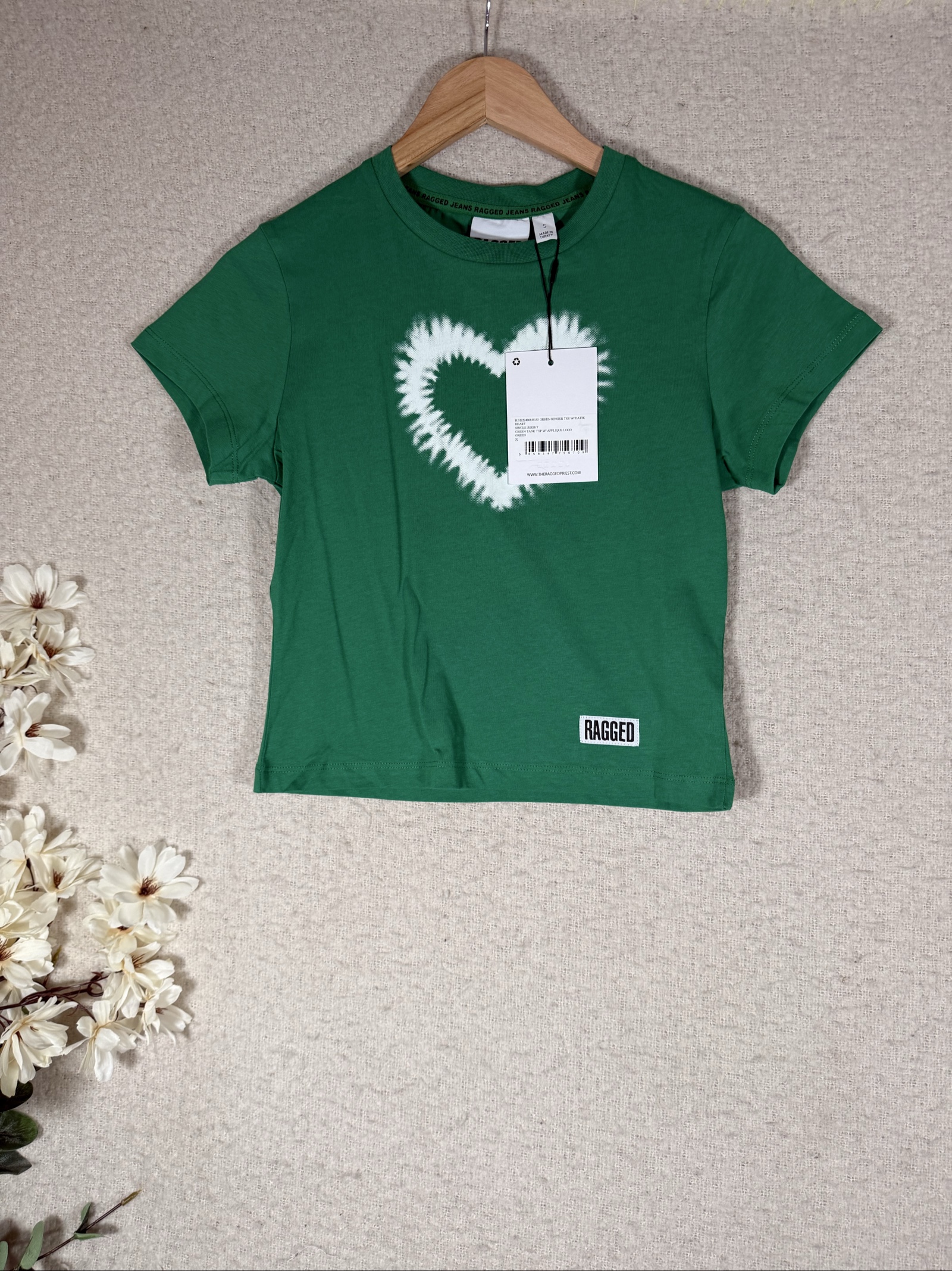 Ragged Jeans Green Short Sleeve T-Shirt Heart Print S
