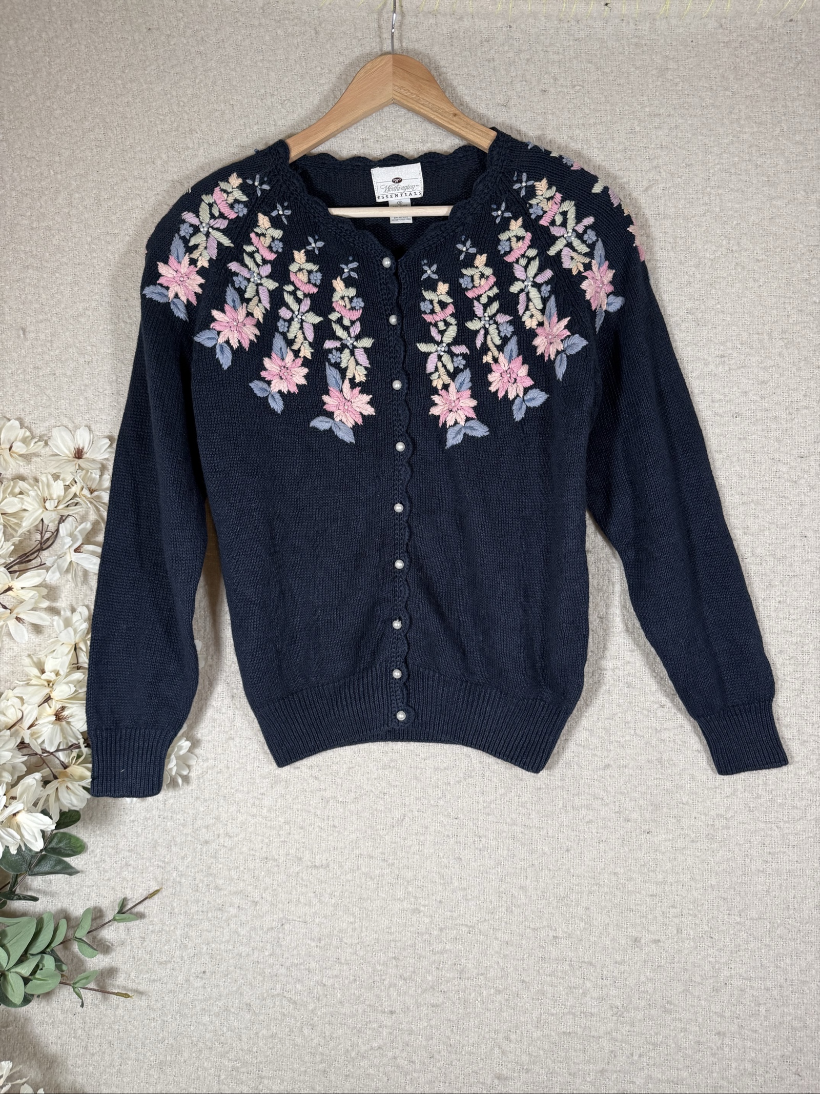 Worthington Essentials Navy Floral Embroidered Cardigan S
