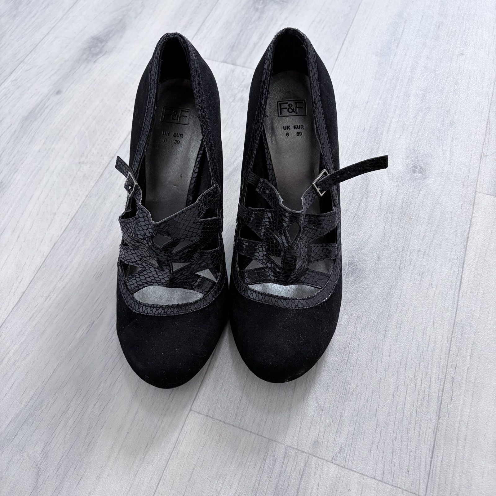 F&F Black Faux Suede Mary Jane Heels UK 6 Elegant Cut-Out Detail