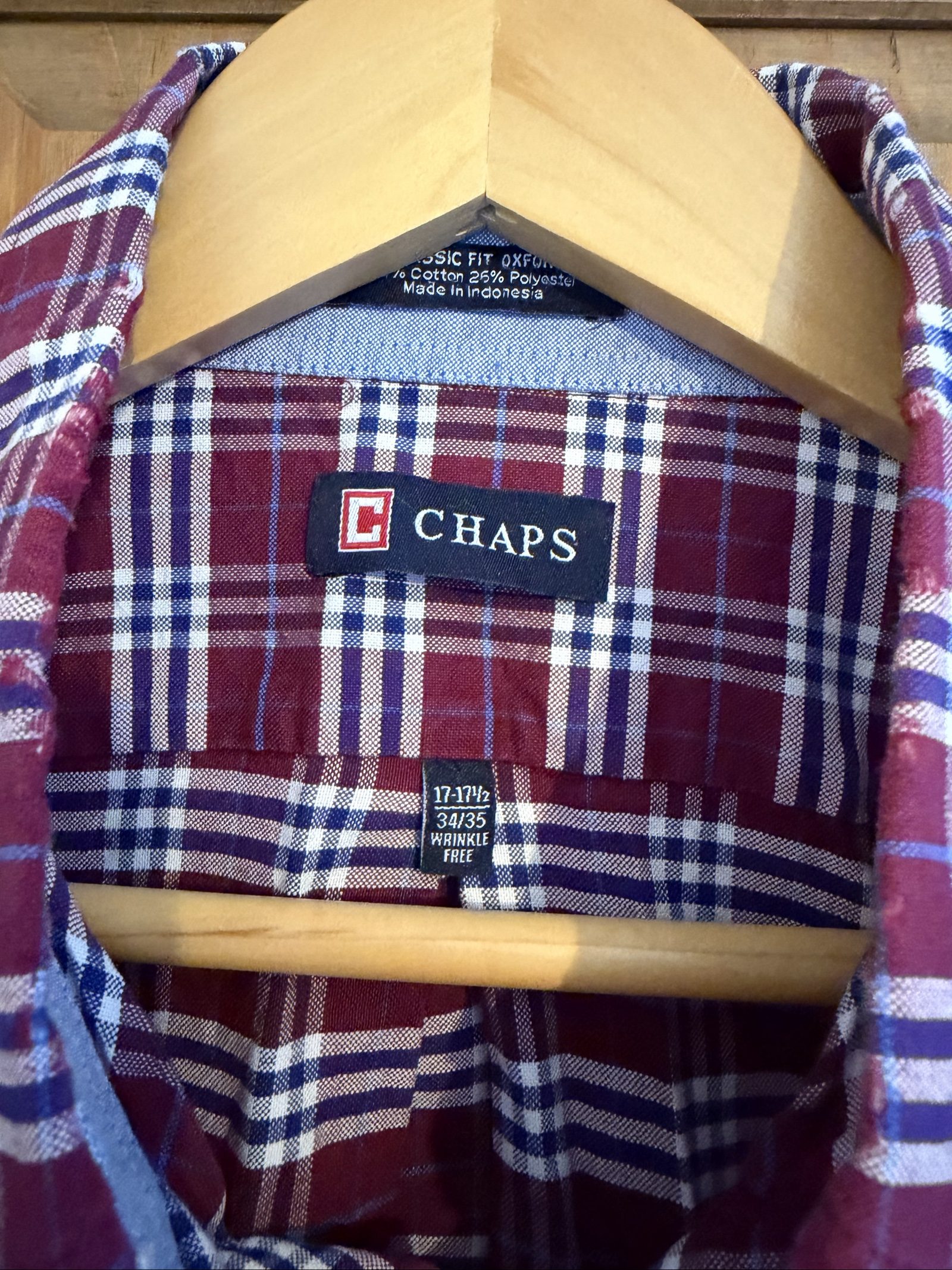 Chaps Men's Classic Fit Shirt Size 17.5 Burgundy Check image 3