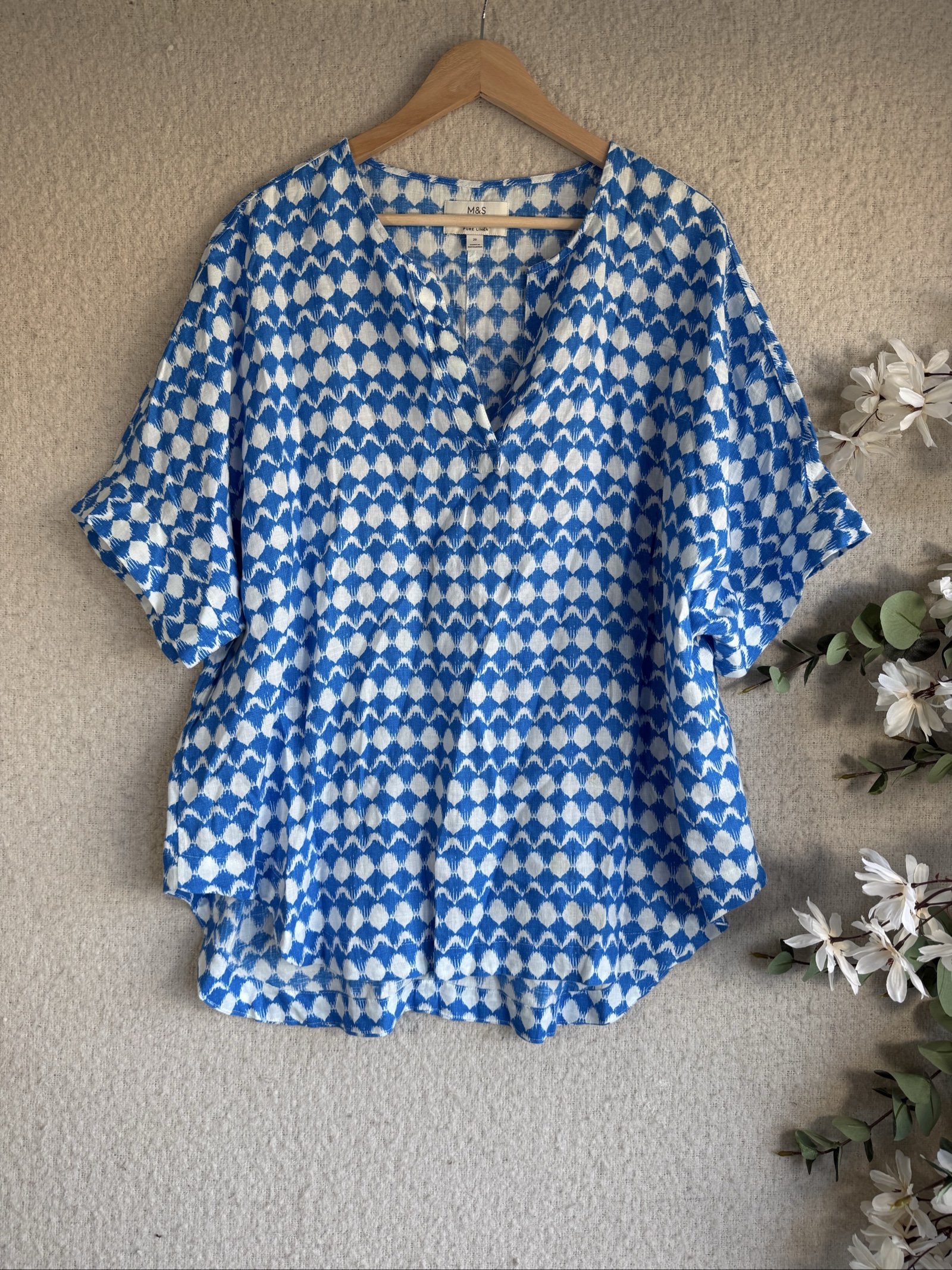 M&S Blue & White Pure Linen Patterned Blouse Size 20 Relaxed Fit Summer Top