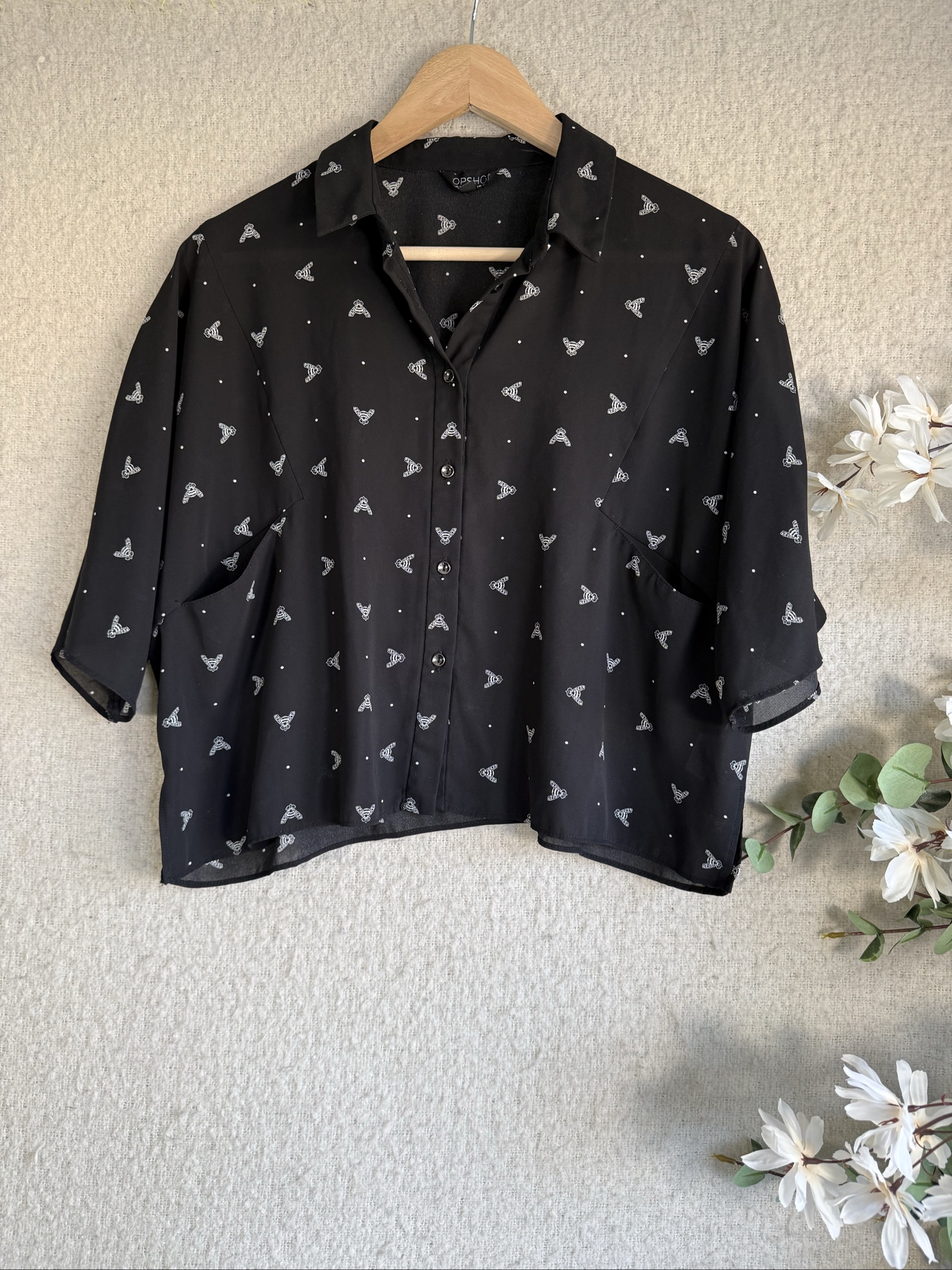 Topshop Black & White Printed Button-Up Shirt UK 10 Lightweight Casual
