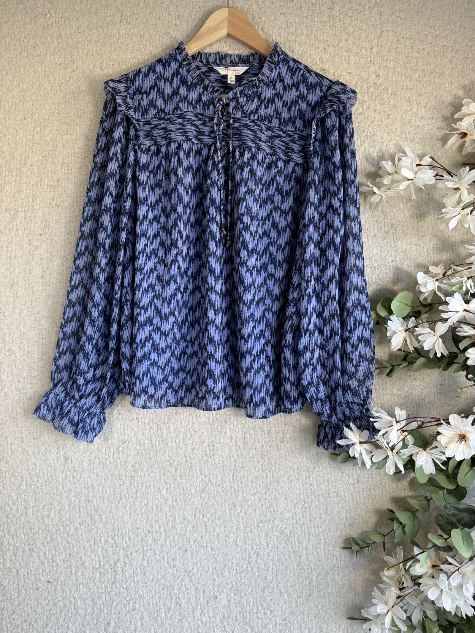 Per Una Blue Mix Printed Long Sleeve Blouse Size 20 Lightweight Stylish Top