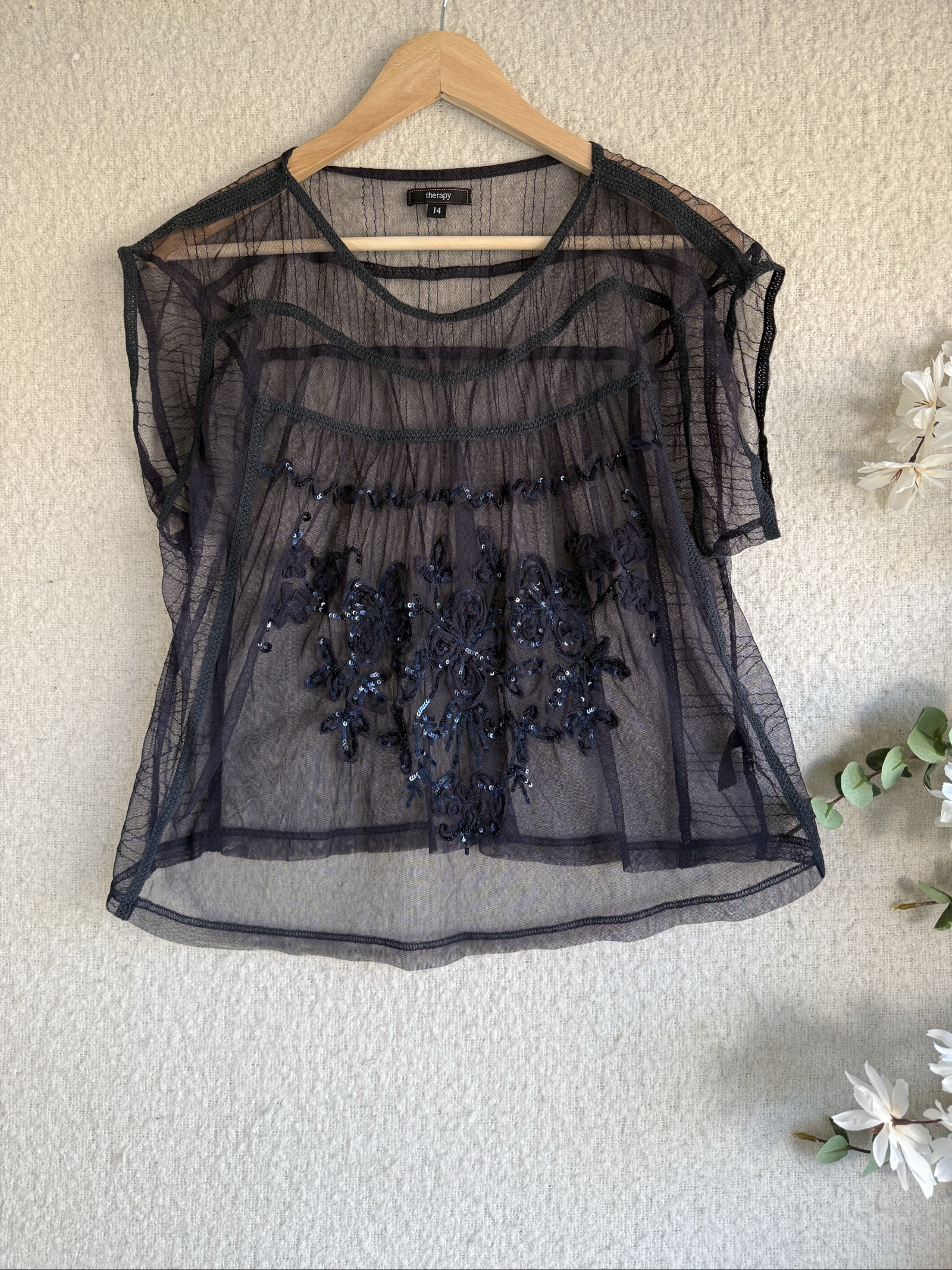 Therapy Black Sheer Mesh Embroidered Top Size 14 Elegant Partywear