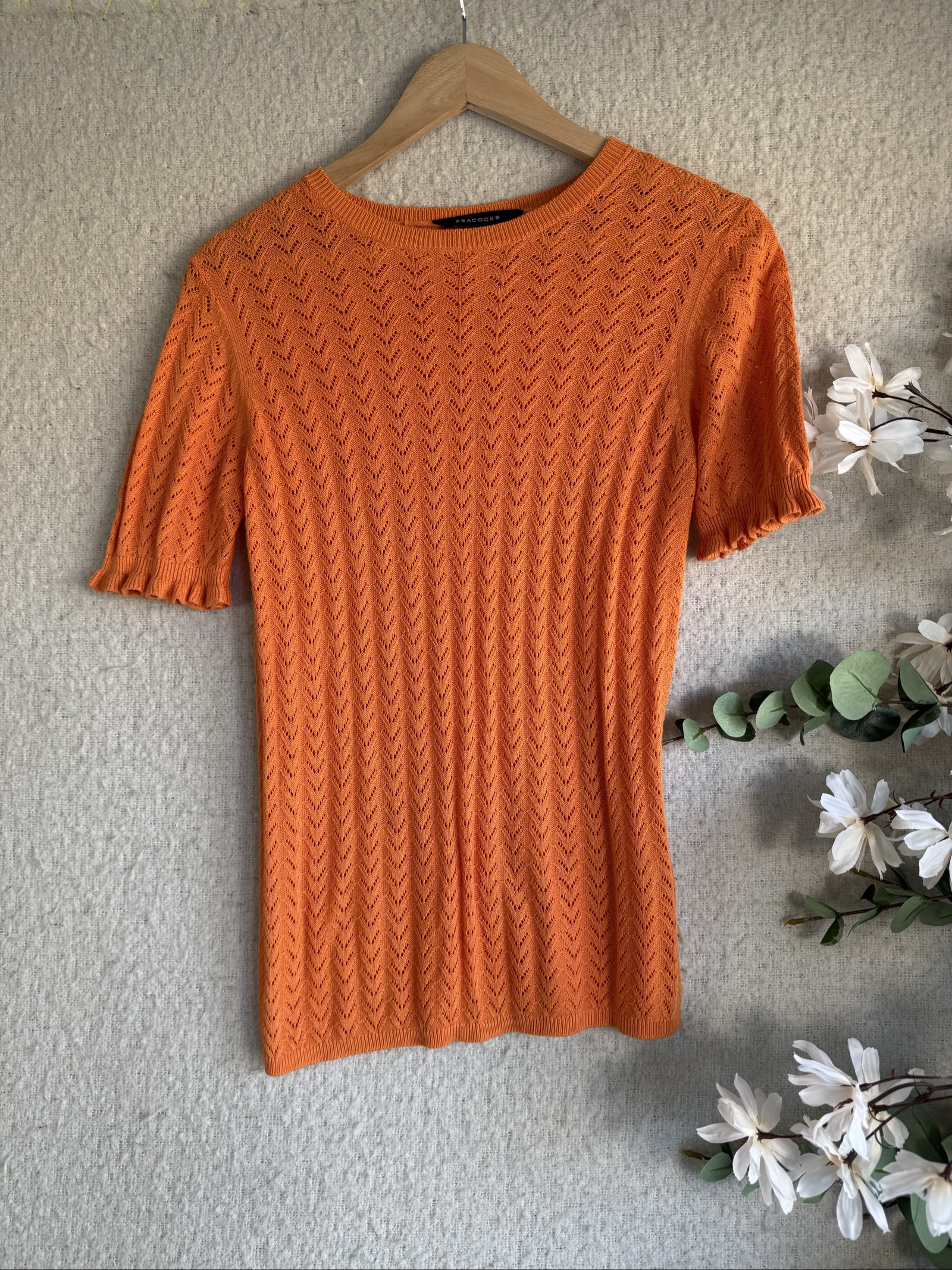 Peacocks Orange Knitted Top Small Lightweight Textured Short Sleeve