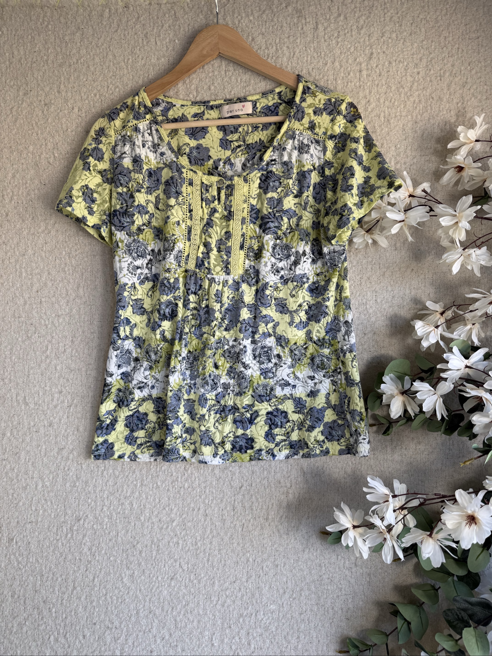 M&S Lime Mix Floral Printed Women's Top Size 12 Soft Cotton Polyester Tee