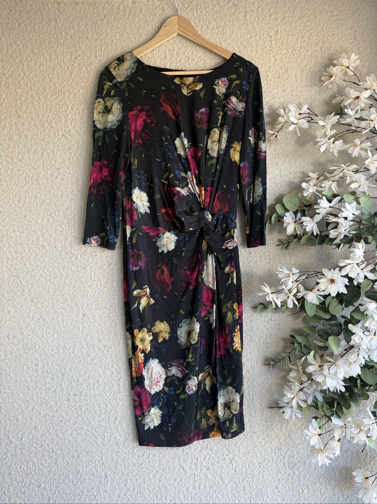 Phase Eight Black Floral Midi Dress Size 16 Knot Front Sleeved Elegant