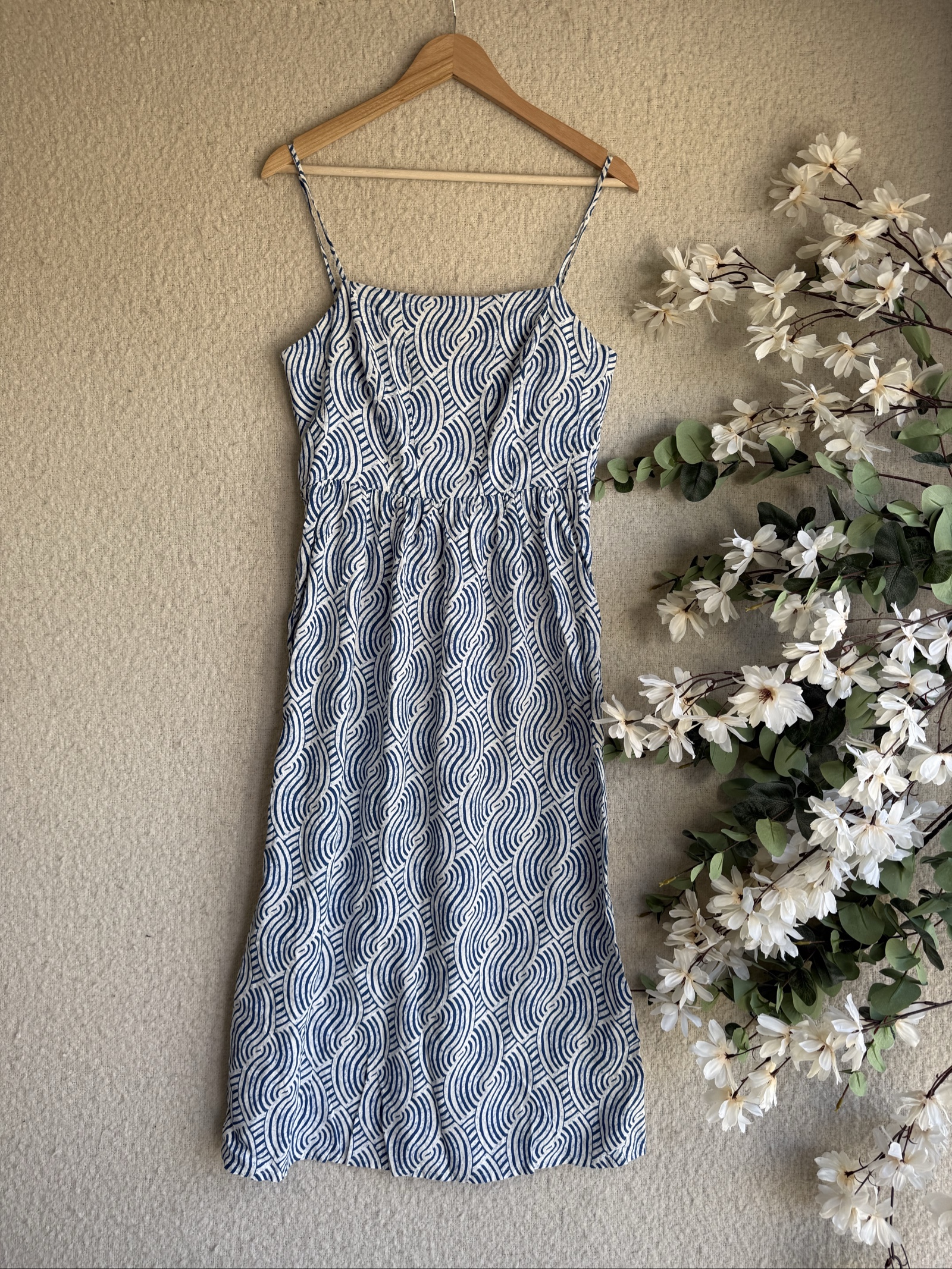 H&M Blue & White Linen Blend Midi Dress Medium Casual Summer Wear