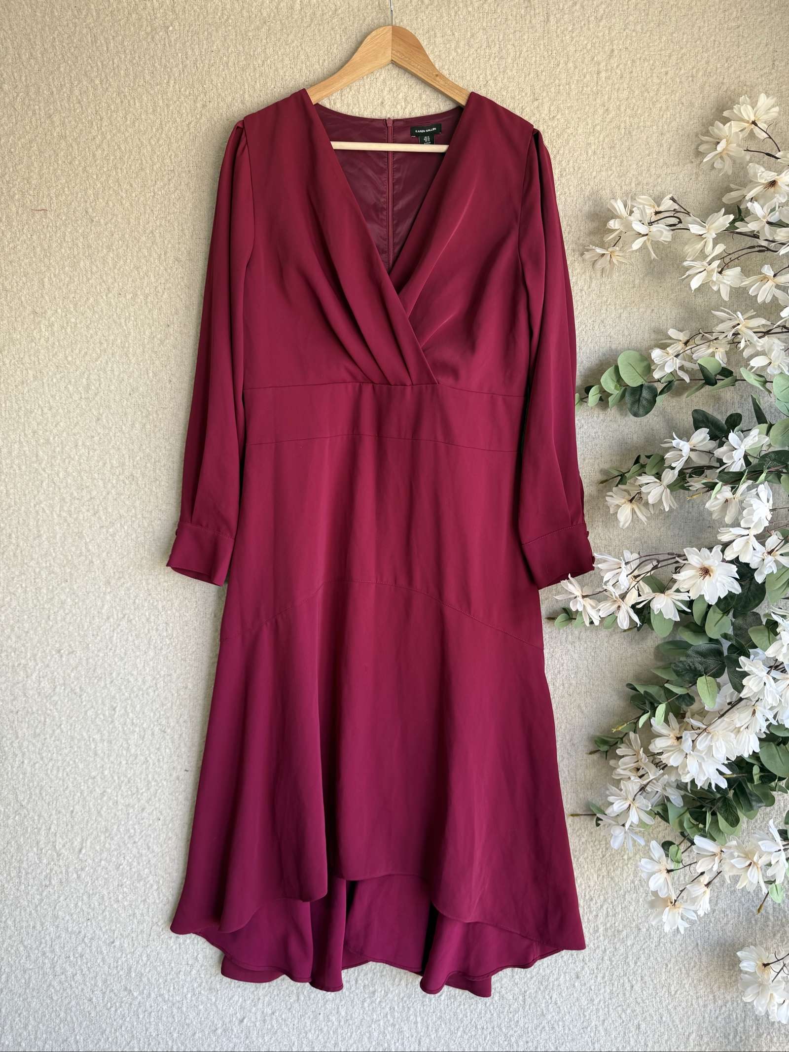 Karen Millen Burgundy Midi Dress Size 16 V-Neck Long Sleeve Occasion Chic